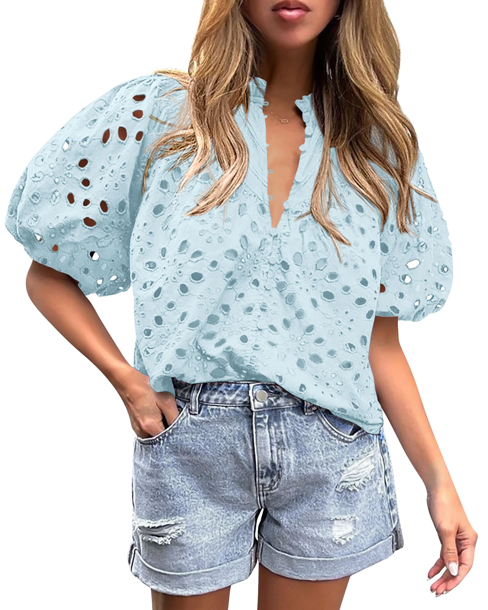 PRETTYGARDEN Women's Summer Tops Dressy Casual Short Sleeve V Neck Buttons Hollow Out Lace Embroidered Blouses Shirts