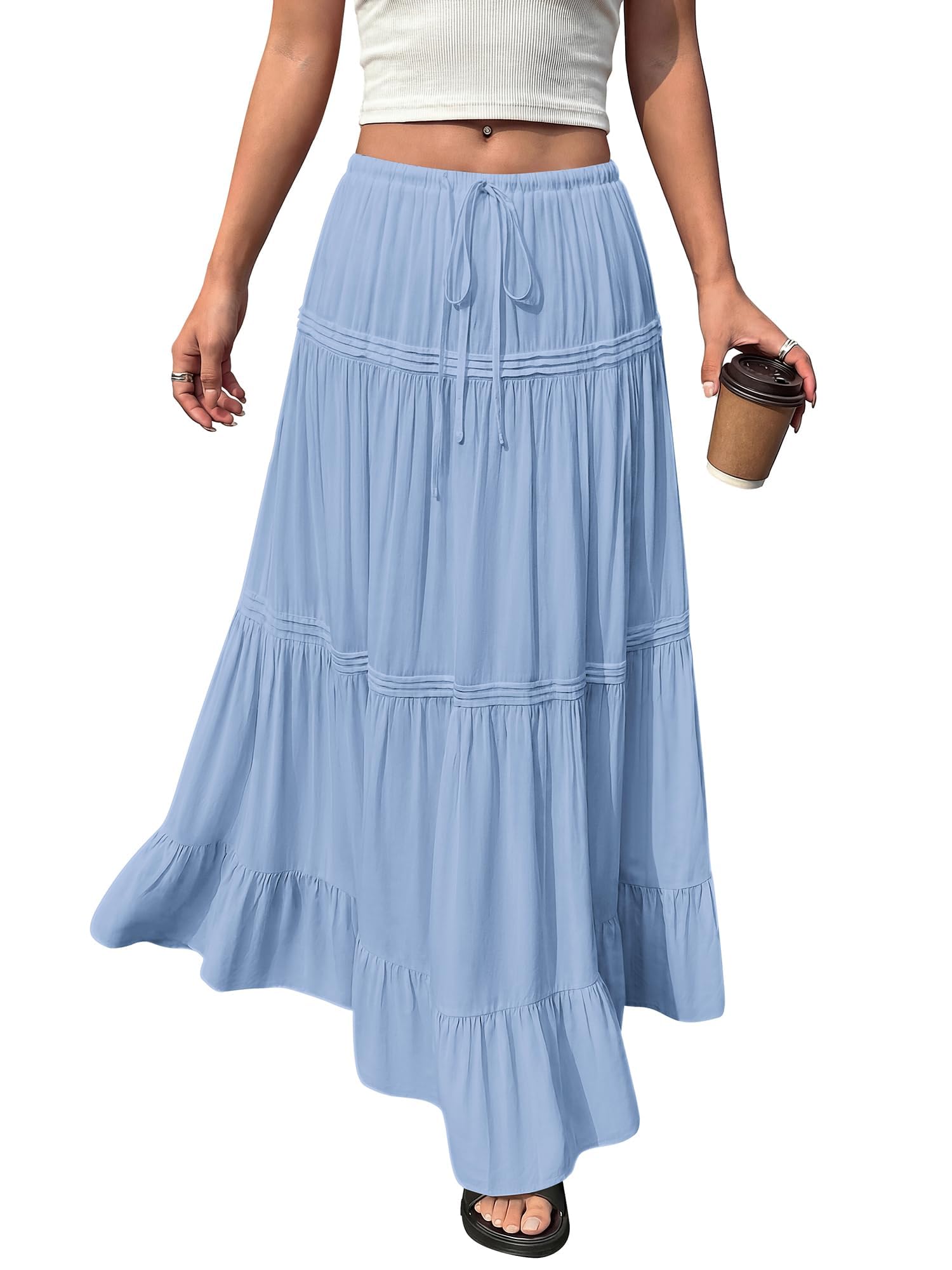 BTFBM Spring Skirts for Women Summer Boho Beach Vacation Clothes Casual Pleated High Waisted Flowy Maxi Skirt