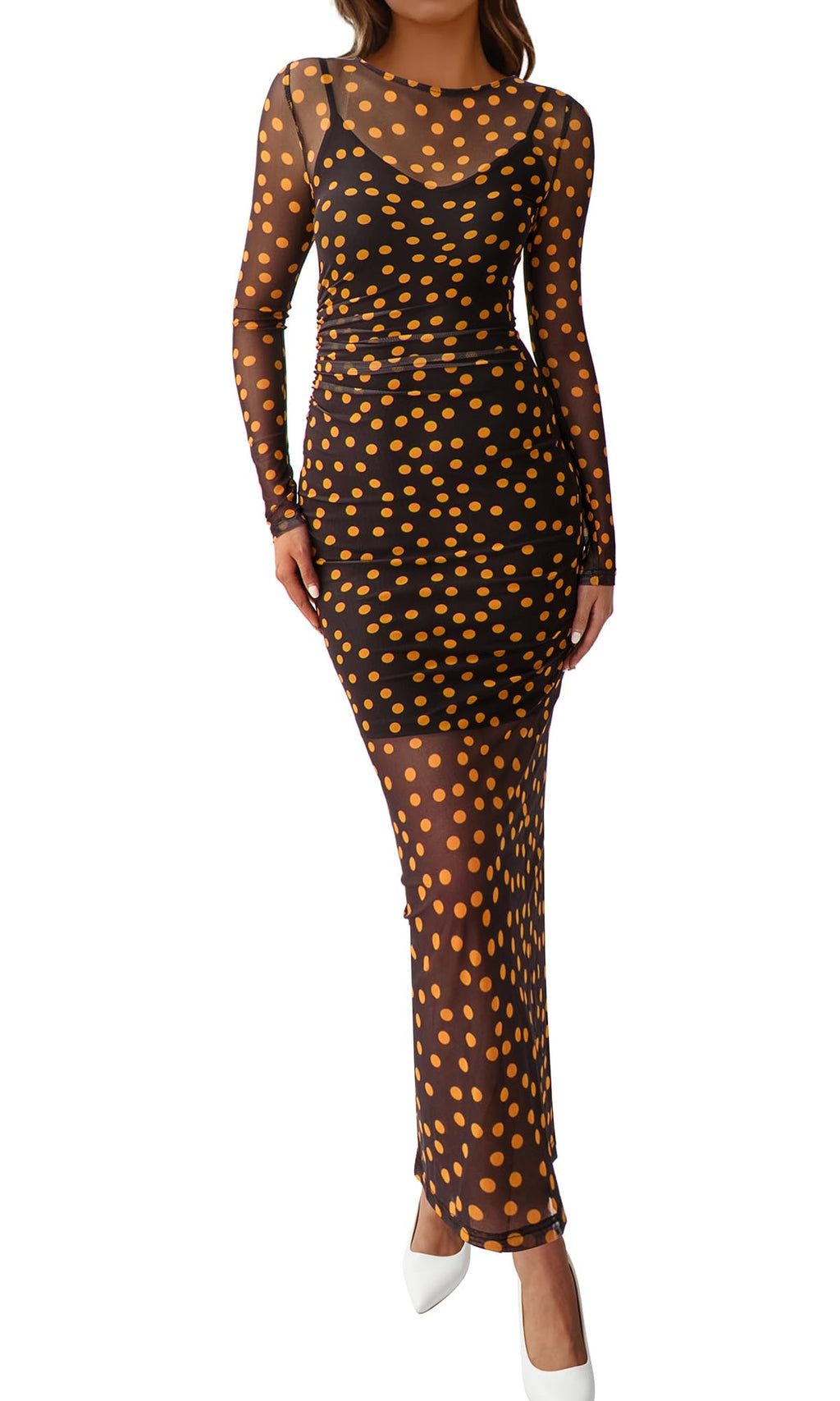 BTFBM Spring Dresses for Women 2 Piece Set Long Sleeve Polka Dot Sexy Bodycon Mesh Dress and Slip Dress Wedding