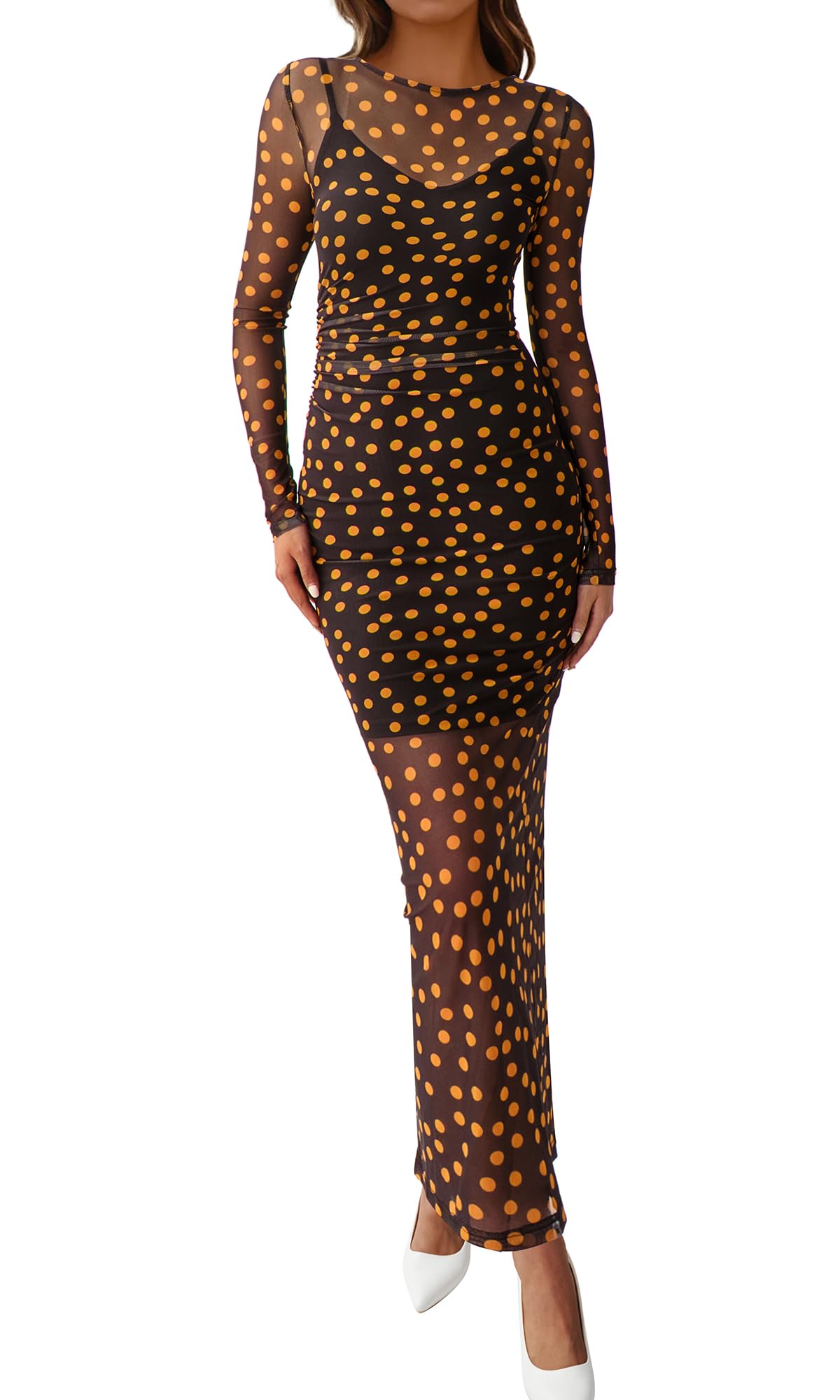 BTFBM Spring Dresses for Women 2 Piece Set Long Sleeve Polka Dot Sexy Bodycon Mesh Dress and Slip Dress Wedding