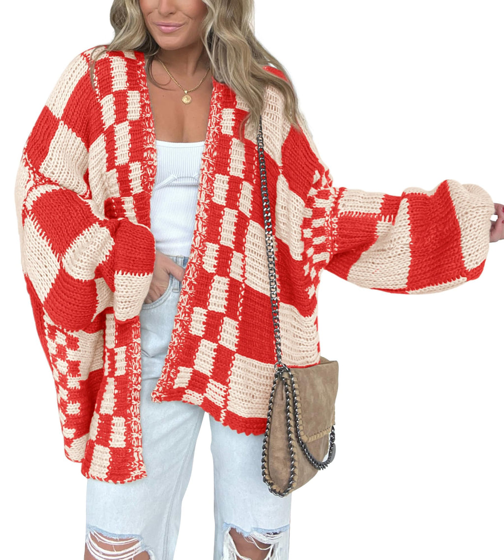 BTFBM Casual Cardigan Sweater for Women Fall Long Sleeve Sweaters Fall Outfits, Loose Fit,Solid,Open Front Chunky Knit Sweaters,Chunky Cardigan Sweaters For Women,Checkered Outwear Coat