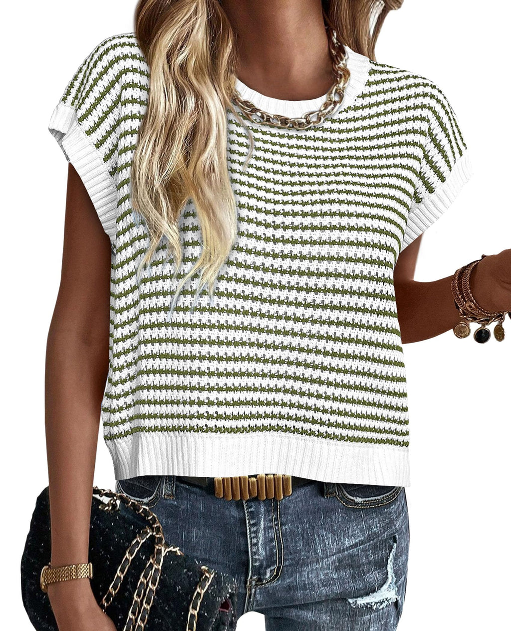 PRETTYGARDEN Womens Short Sleeve Sweater Spring Summer Round Neck Striped Pullover Cap Sleeve Knit Sweater Vest Tops
