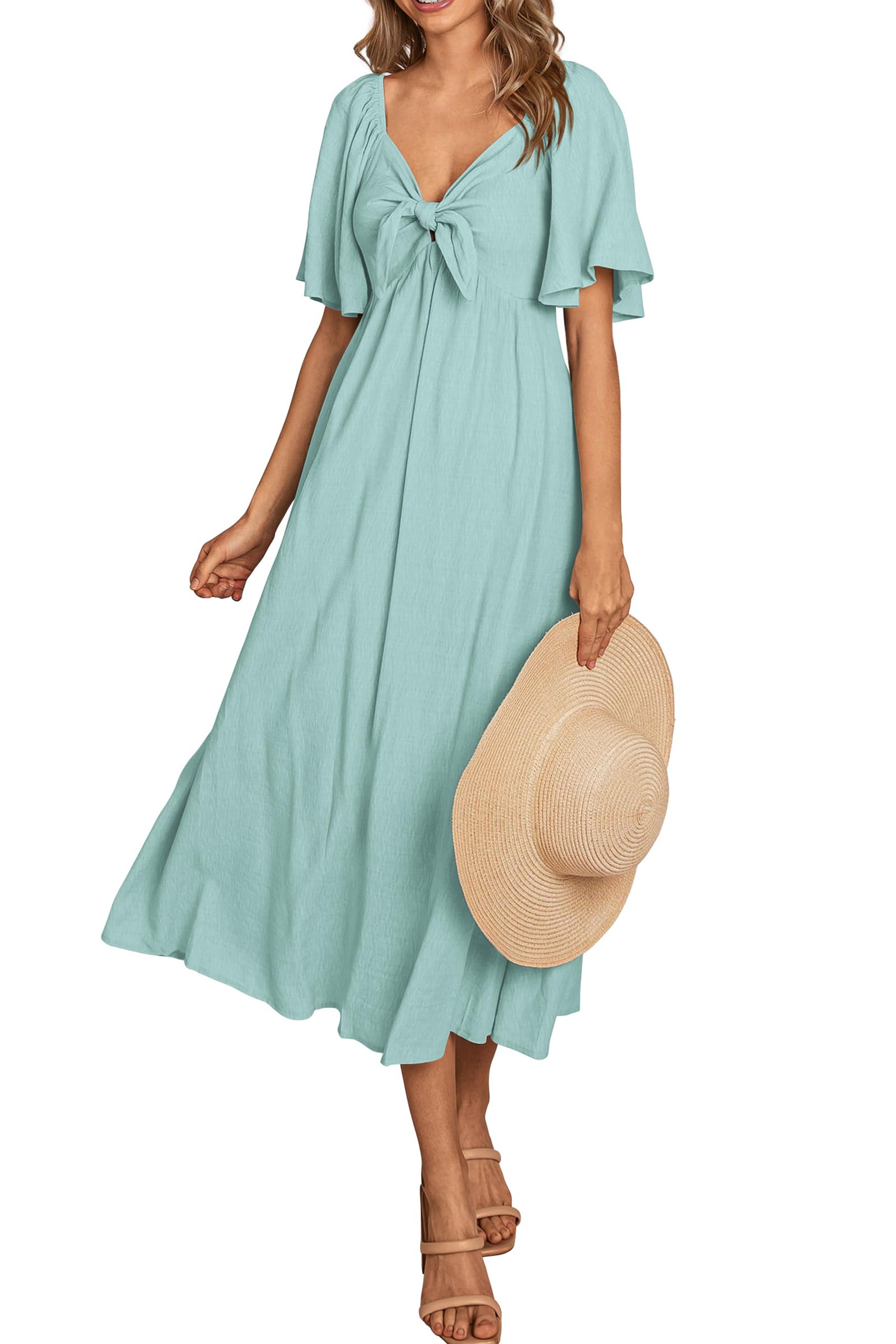 PRETTYGARDEN Summer Dress for Women Casual Short Sleeve Bow Tie V Neck Ruffle Midi Flowy Dresses