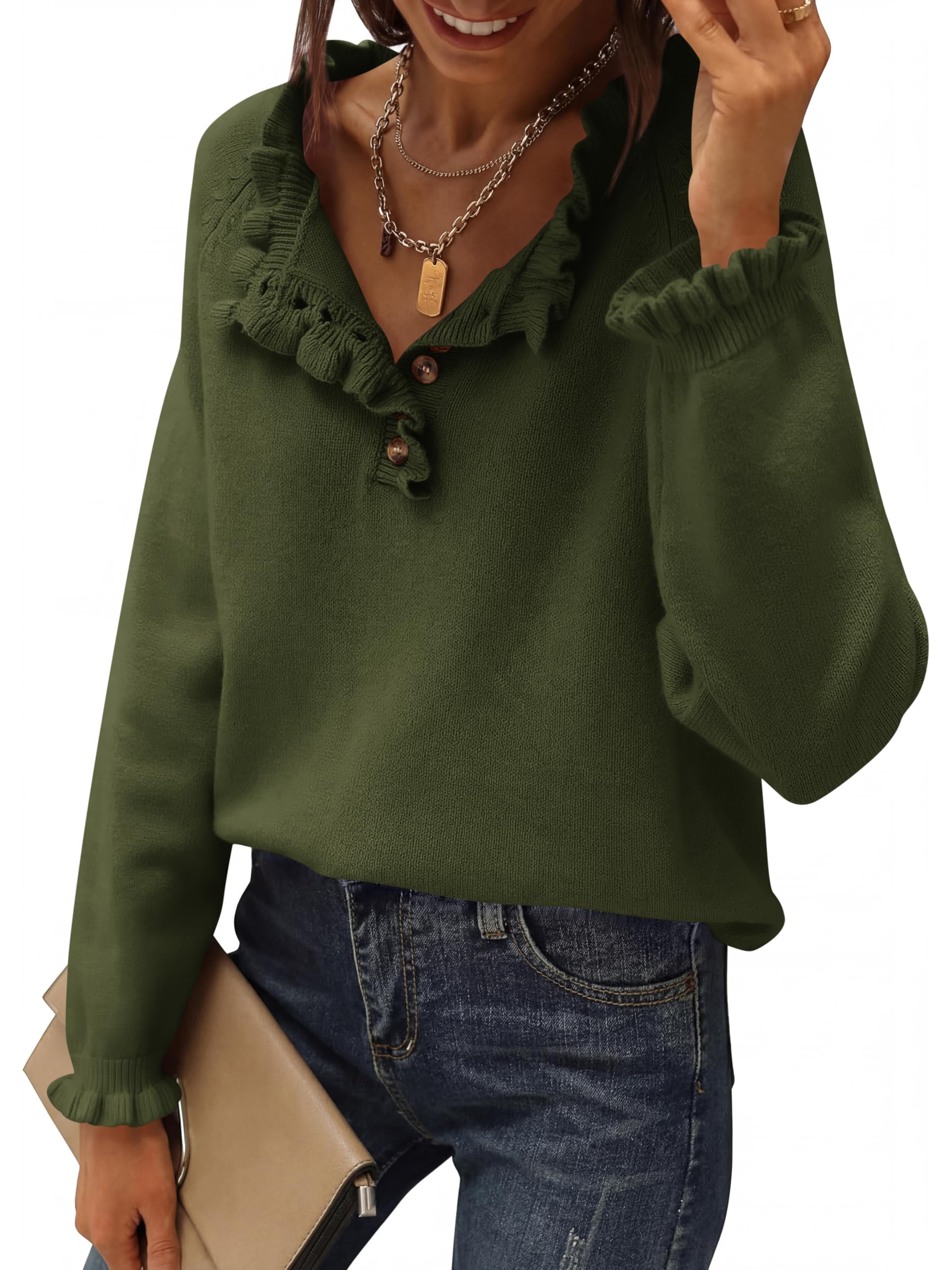 BTFBM Womens Sweaters Fall Winter Clothes Long Sleeve Button Down Ruffle Crew Neck Casual Knitted Pullover Tops