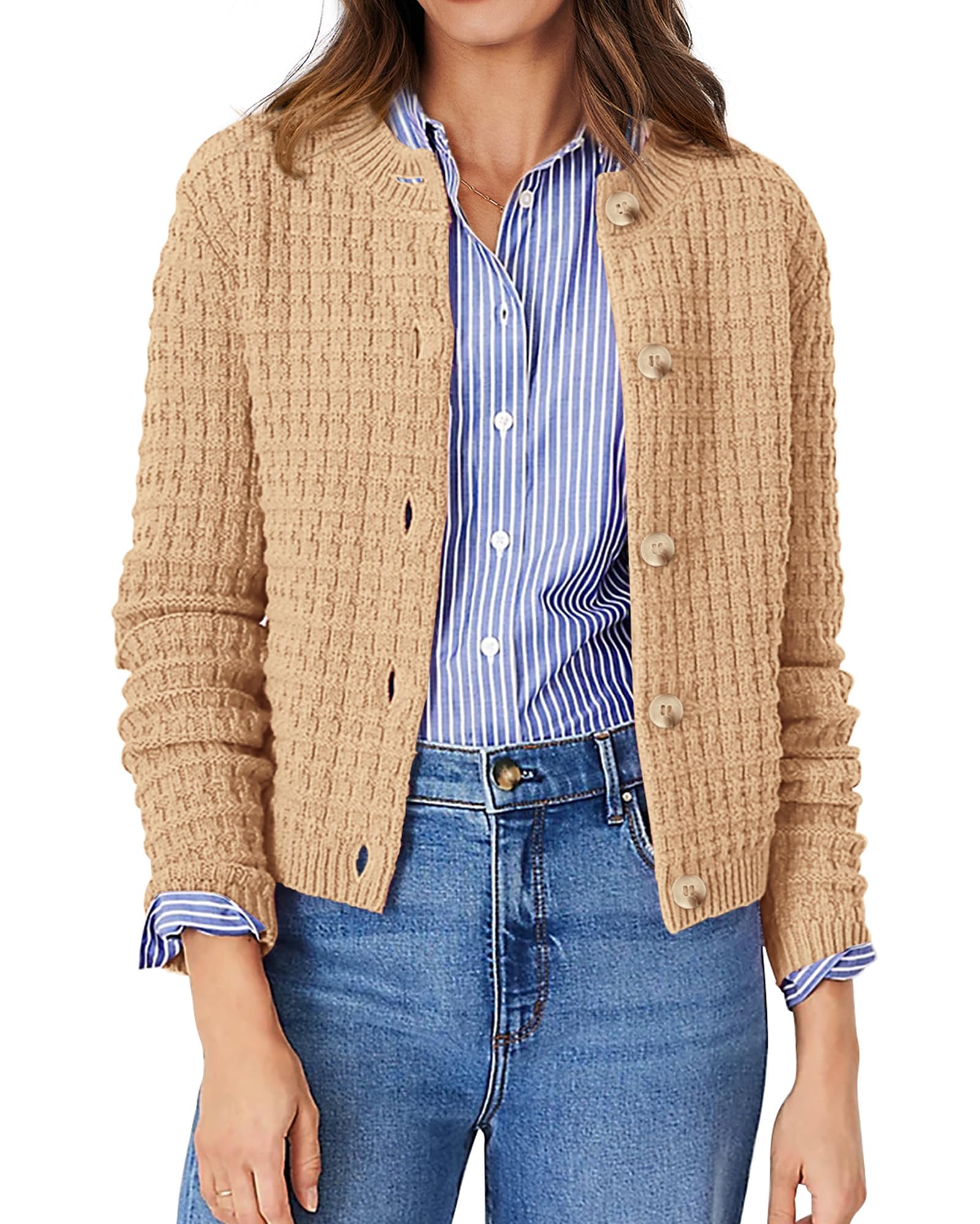 PRETTYGARDEN Women's Knit Cardigan Sweaters Casual Long Sleeve Open Front Button Down Trendy Jackets Outerwear