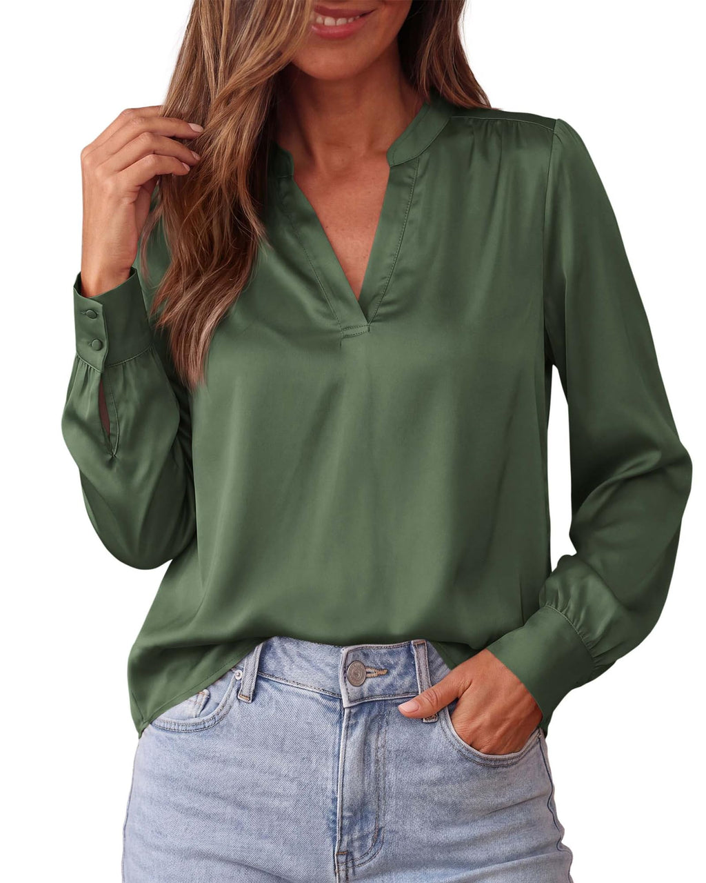 BTFBM Satin Blouses for Women Dressy Casual | Lightweight,V Neck,Long Sleeve Tops,Going Out Outfits,Fall Fashion Clothing