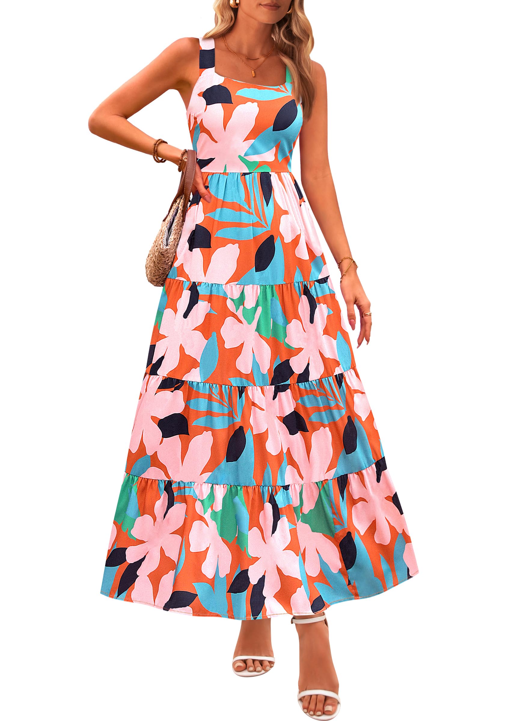 PRETTYGARDEN Women's Summer Floral Maxi Dress Sleeveless Smocked Ruffle Long Flowy Beach Vacation Boho Sundresses