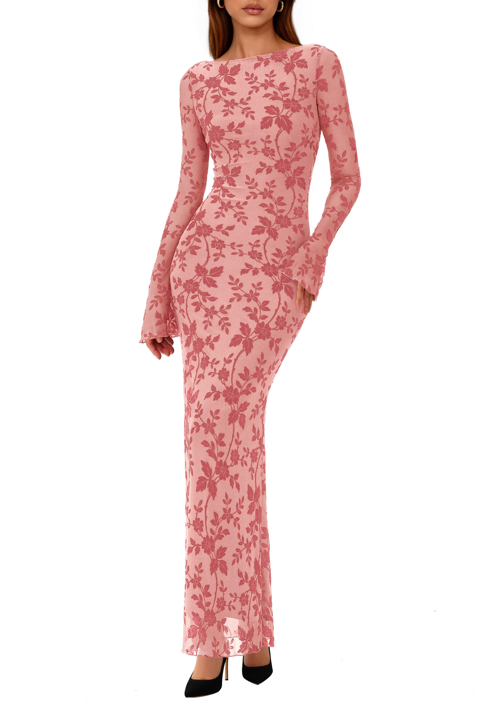 PRETTYGARDEN Women's Floral Bodycon Maxi Dress Fall Elegant Mesh Long Sleeve Formal Wedding Guest Cocktail Dresses