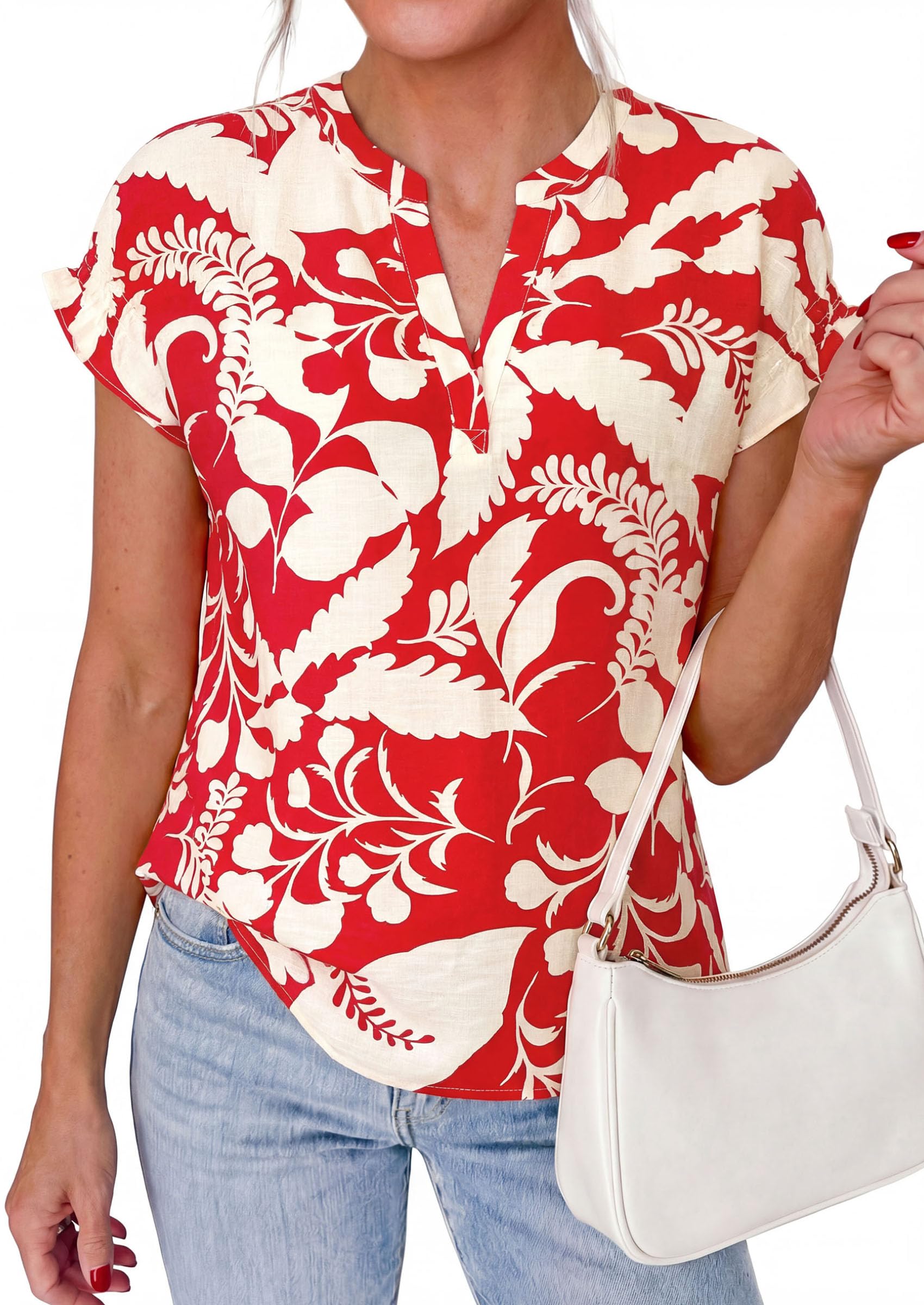 PRETTYGARDEN Womens Floral Print Short Sleeve Summer Tops Trendy V Neck Loose Boho Shirts Casual Work Blouses