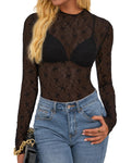 FreshPretty  Mesh Lace Tops Long Sleeve Shirts for Women Spring Fall See Through Crew Neck Slim Fitted Party Club Outfits