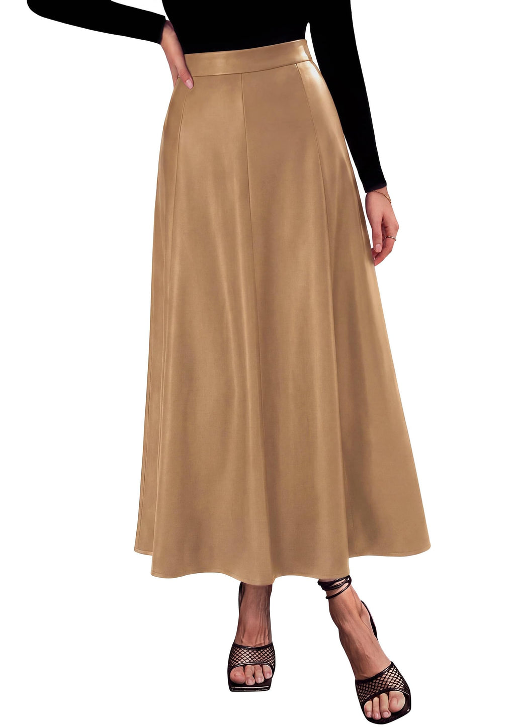 PRETTYGARDEN Womens Faux Leather High Waisted Midi Skirt | Flowy A Line Pleated Skirts, Elegant Swing Flared, Work Business Casual Outfits, Fall Winter Fashion Clothes