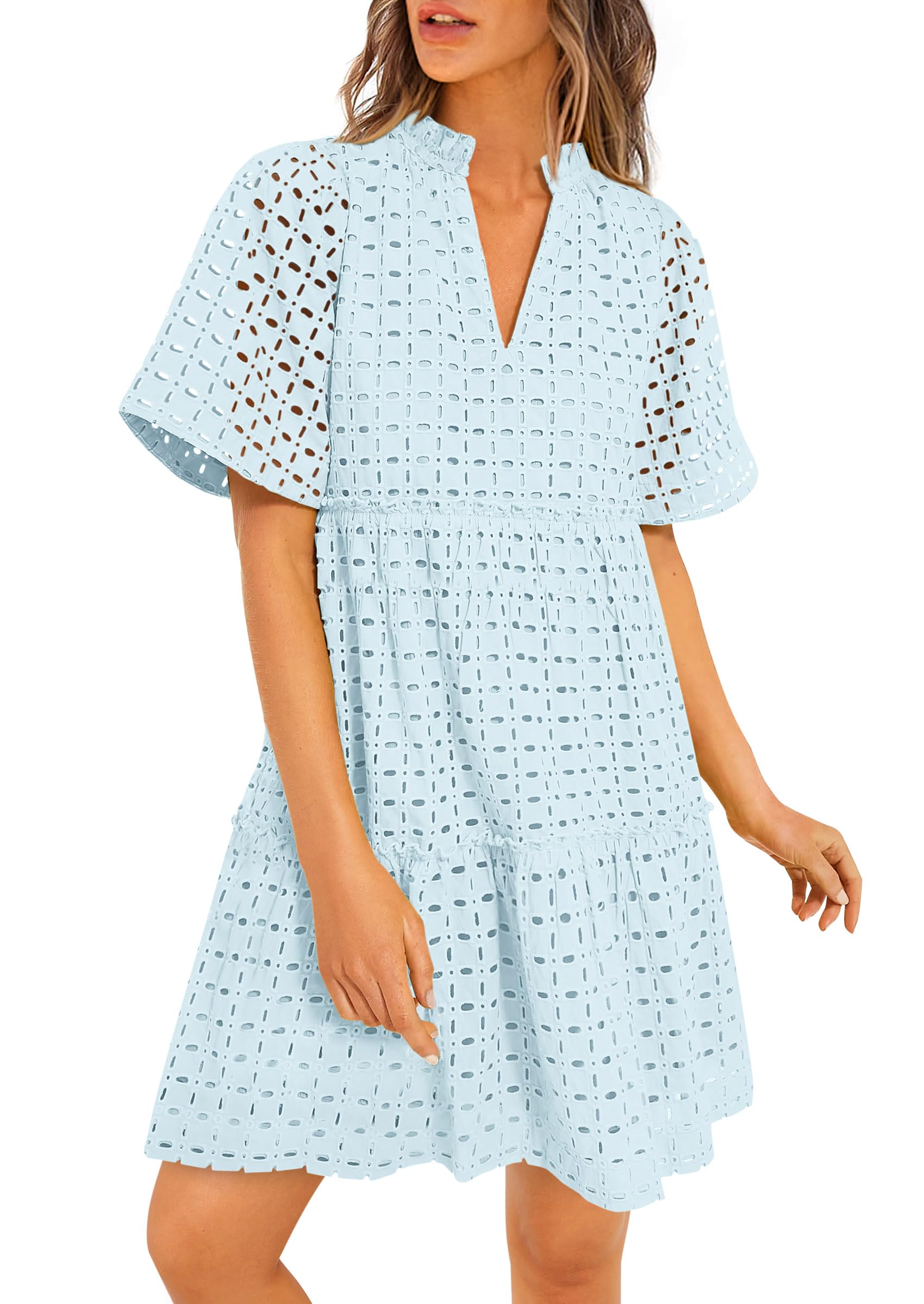 PRETTYGARDEN Eyelet Dresses for Women Summer Short Sleeve V Neck Hollow Out Ruffle A Line Boho Beach Vacation Mini Dress