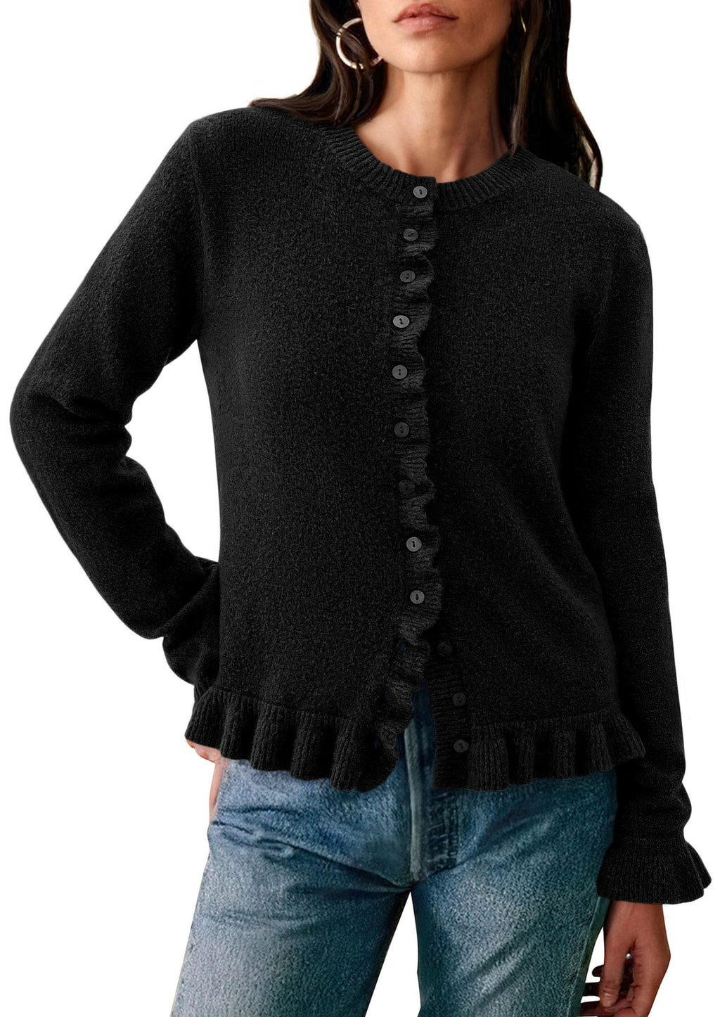 PRETTYGARDEN Womens Fall Button Down Cardigans Chunky Knit Ruffle Open Front Cropped Cardigan Sweaters Soft Long Sleeve Tops