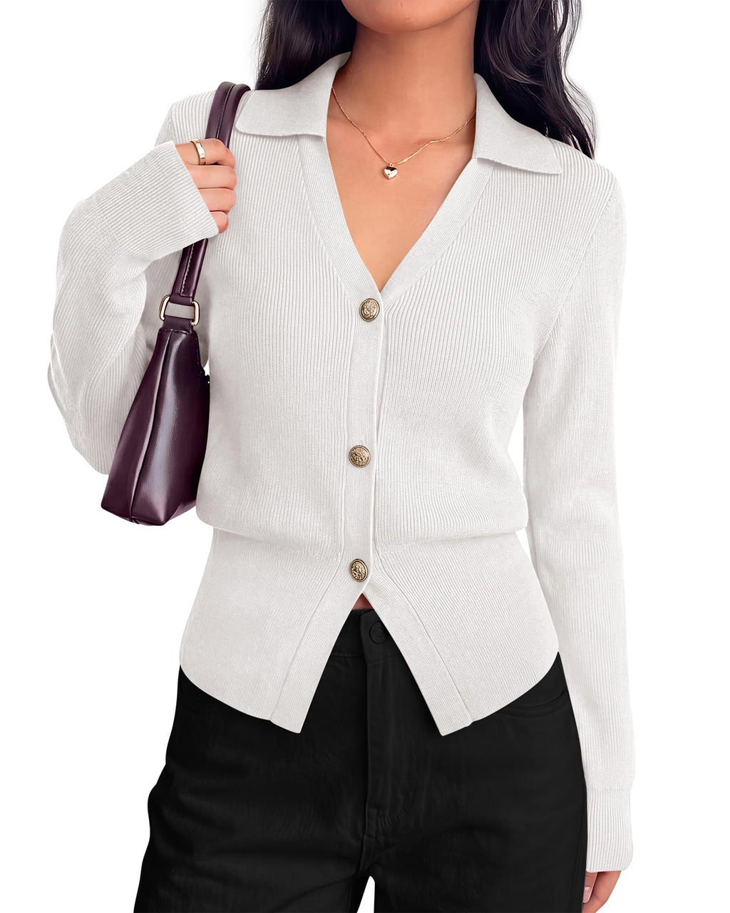BTFBM Women Long Sleeve Lightweight Cardigans Knitted Button Down Shirts Lapel V Neck, Cropped Sweaters, Slim Fit, Ribbed, Y2K Going Out Tops, Business Casual Outfits, Spring, Fall, Winter Layering