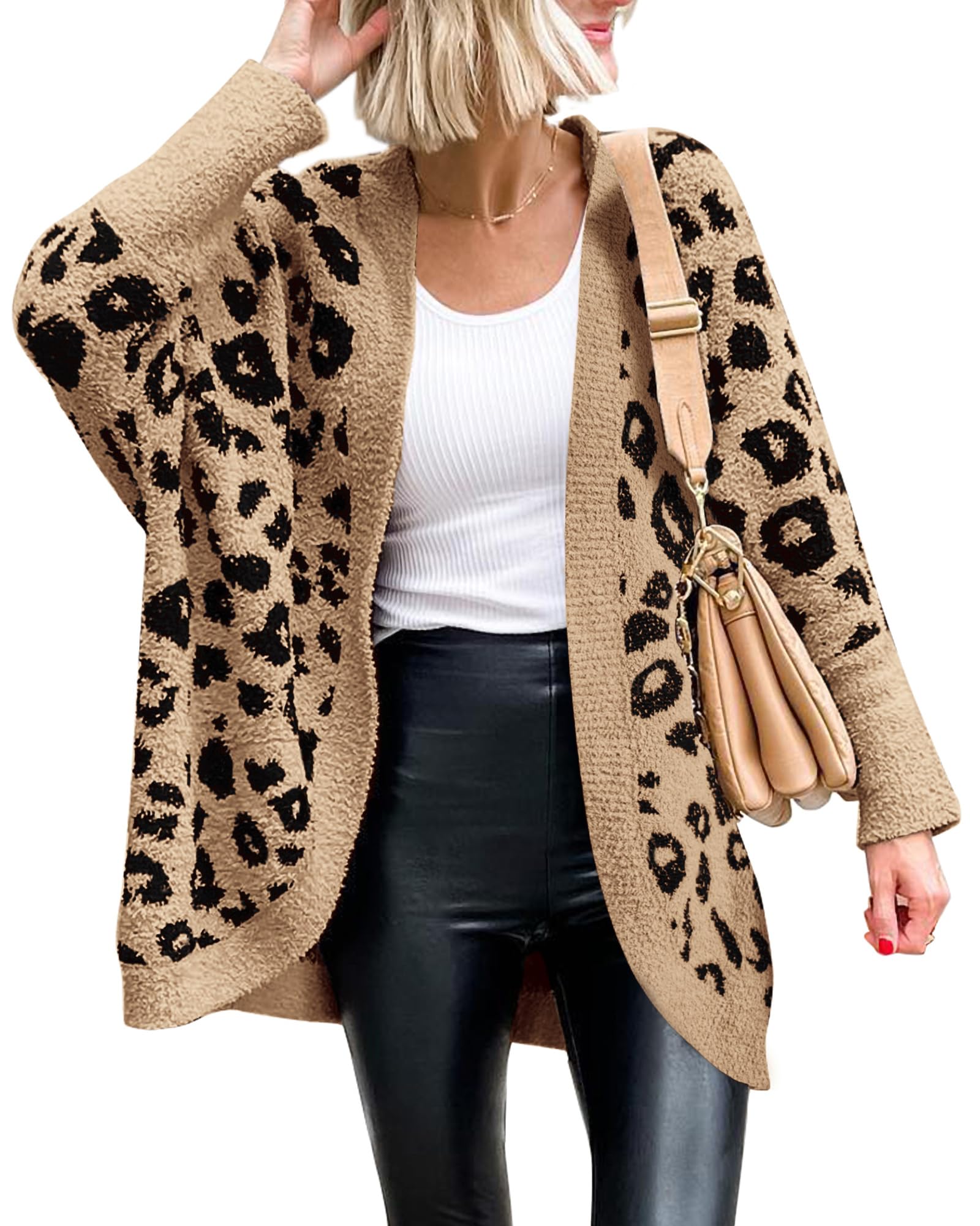 FreshPretty Leopard Cardigan for Women Long Sleeve Open Front Cardigans Sweaters Pockets Loose Knit Fall Winter Outwear