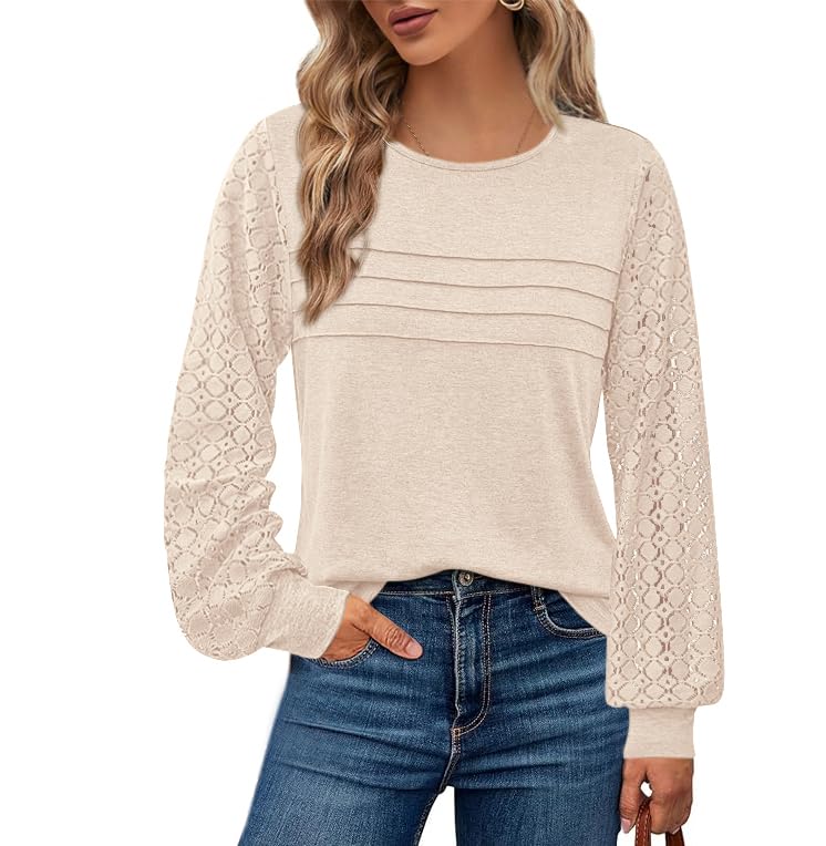 BTFBM Women's Long Sleeve Shirts Dressy Lace Fall Tops Trendy Business Casual T-Shirts Cute Work Outfits Blouses
