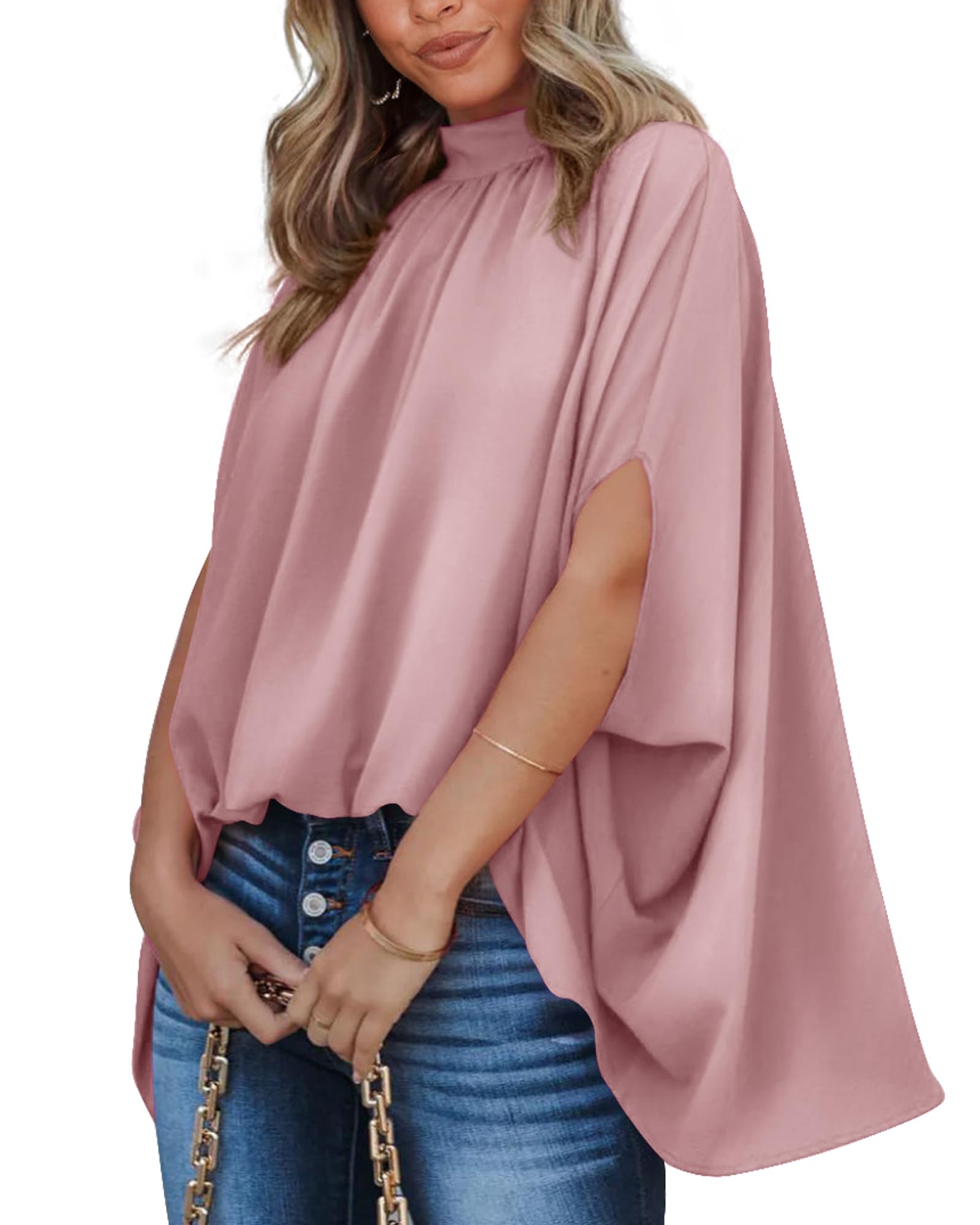 FreshPretty Womens Summer Tops Fall Mock Neck Batwing Sleeve Shirts Loose High Low Hem Oversized Dressy Casual Blouses