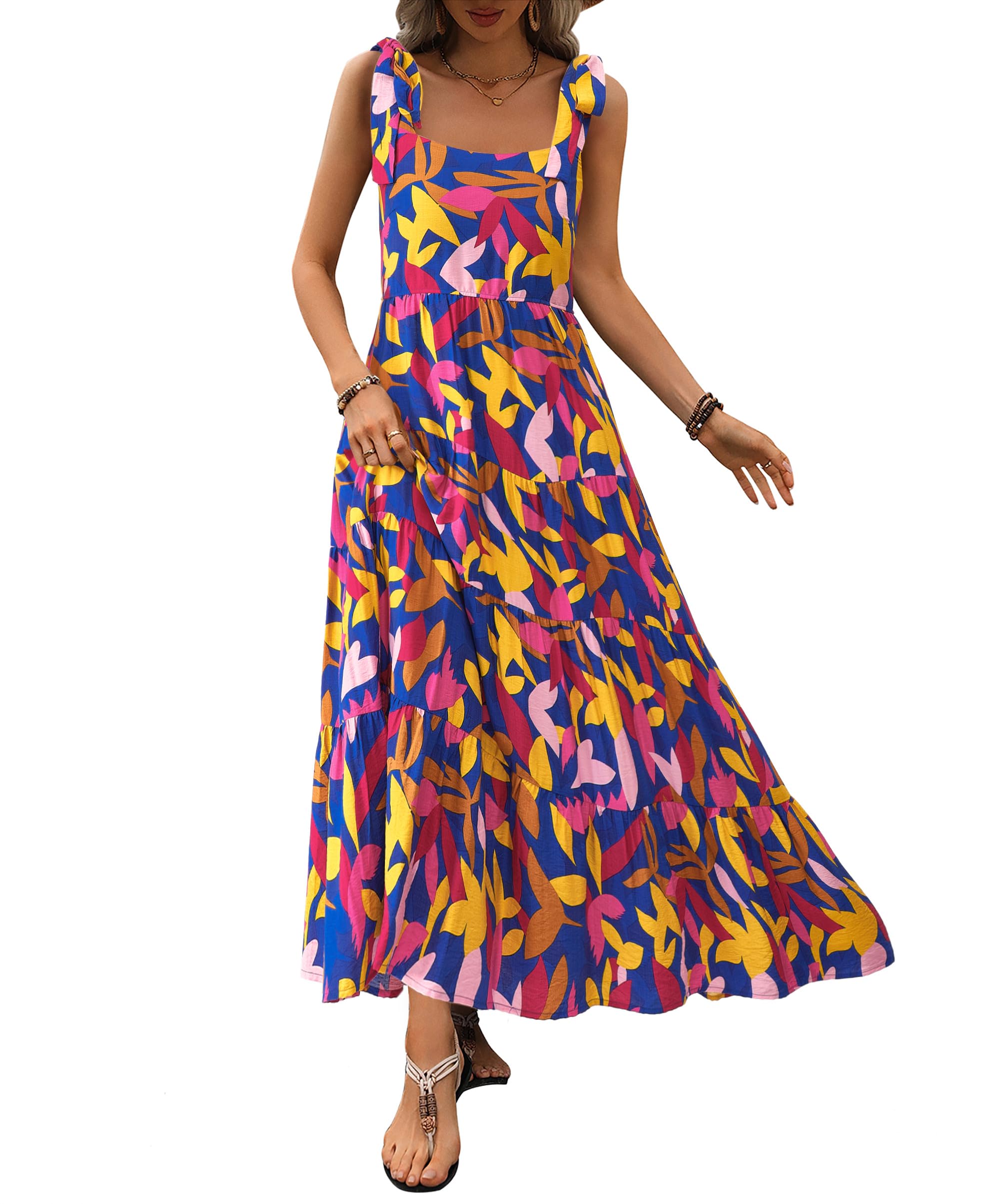 PRETTYGARDEN Women Dresses Summer Floral Sleeveless Maxi Dress Casual Spaghetti Strap Tiered Flowy Beach Long Dress