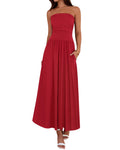 BTFBM Summer Maxi Dresses for Women Strapless Ruched Tube Top Beach Vacation Spring Wedding Guest Dress Pockets