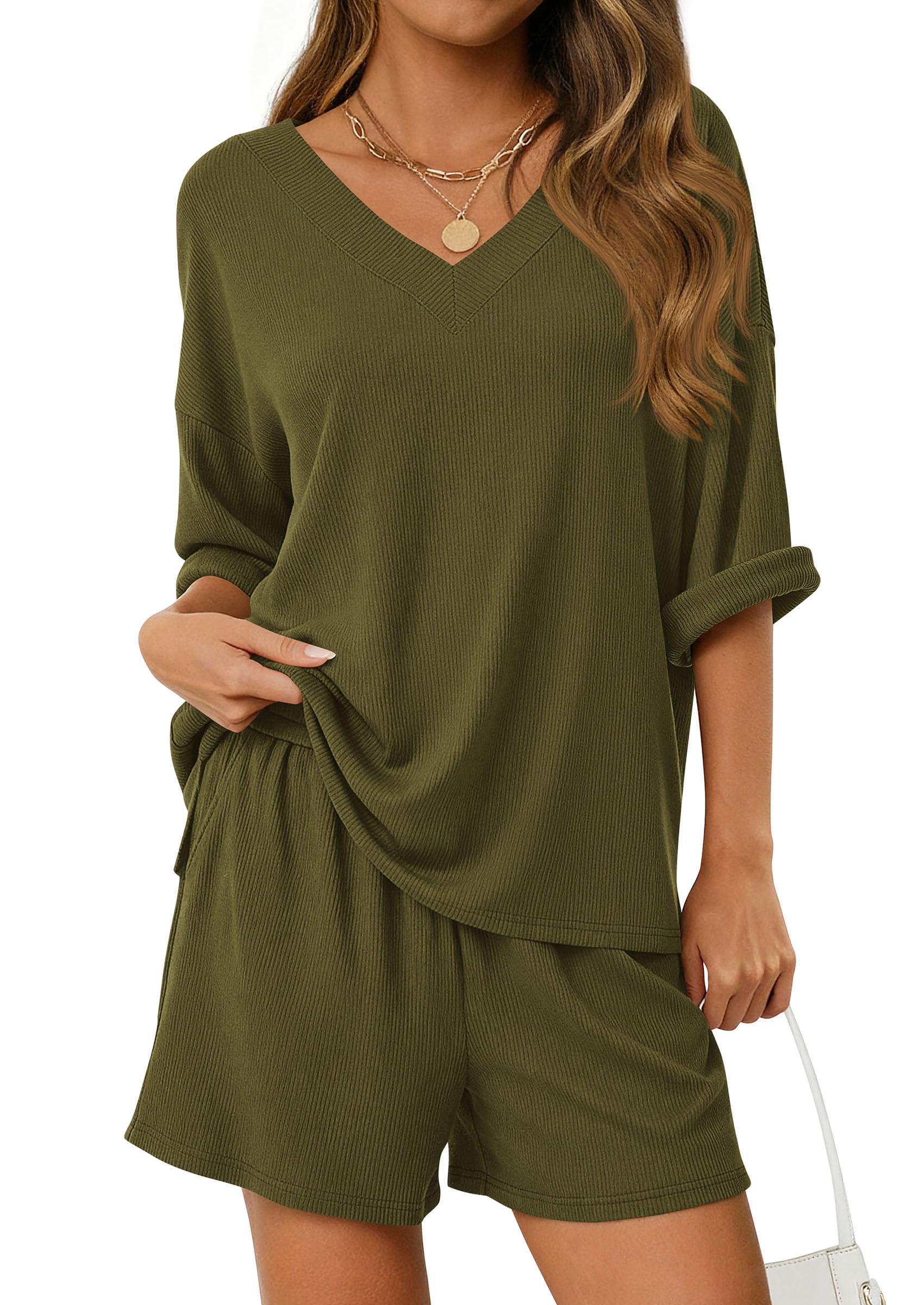 PRETTYGARDEN Womens 2 Piece Sets Summer Oversized Vneck Half Sleeve Tops Shorts Lounge Set Casual Travel Airport Outfits