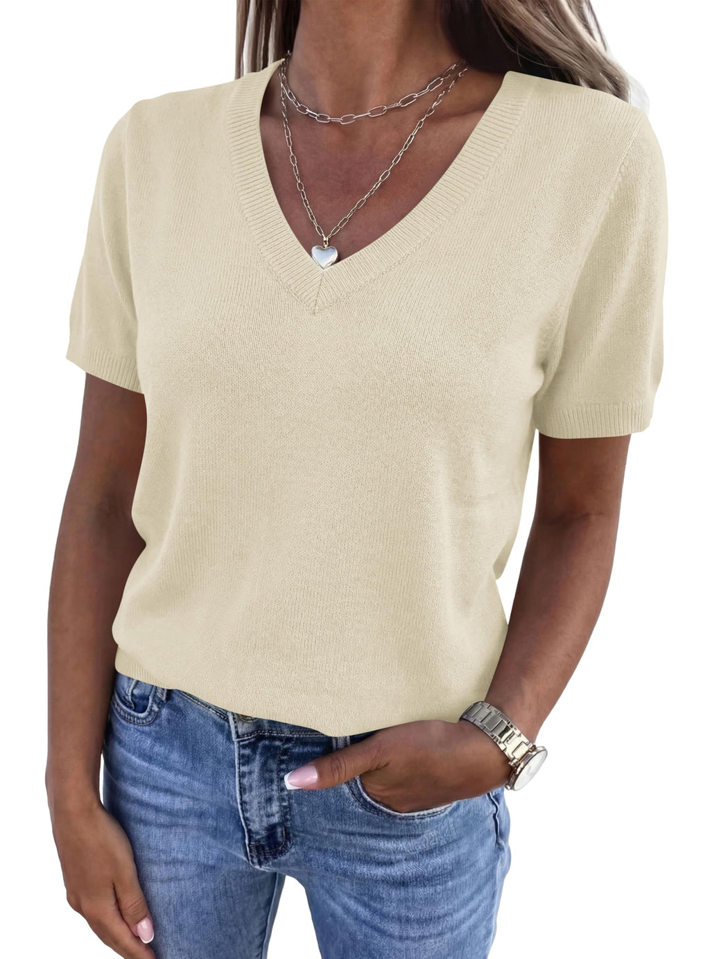 PRETTYGARDEN Womens Short Sleeve Sweater V Neck Trendy Pullover Tops Summer Spring Loose Lightweight Casual Blouse