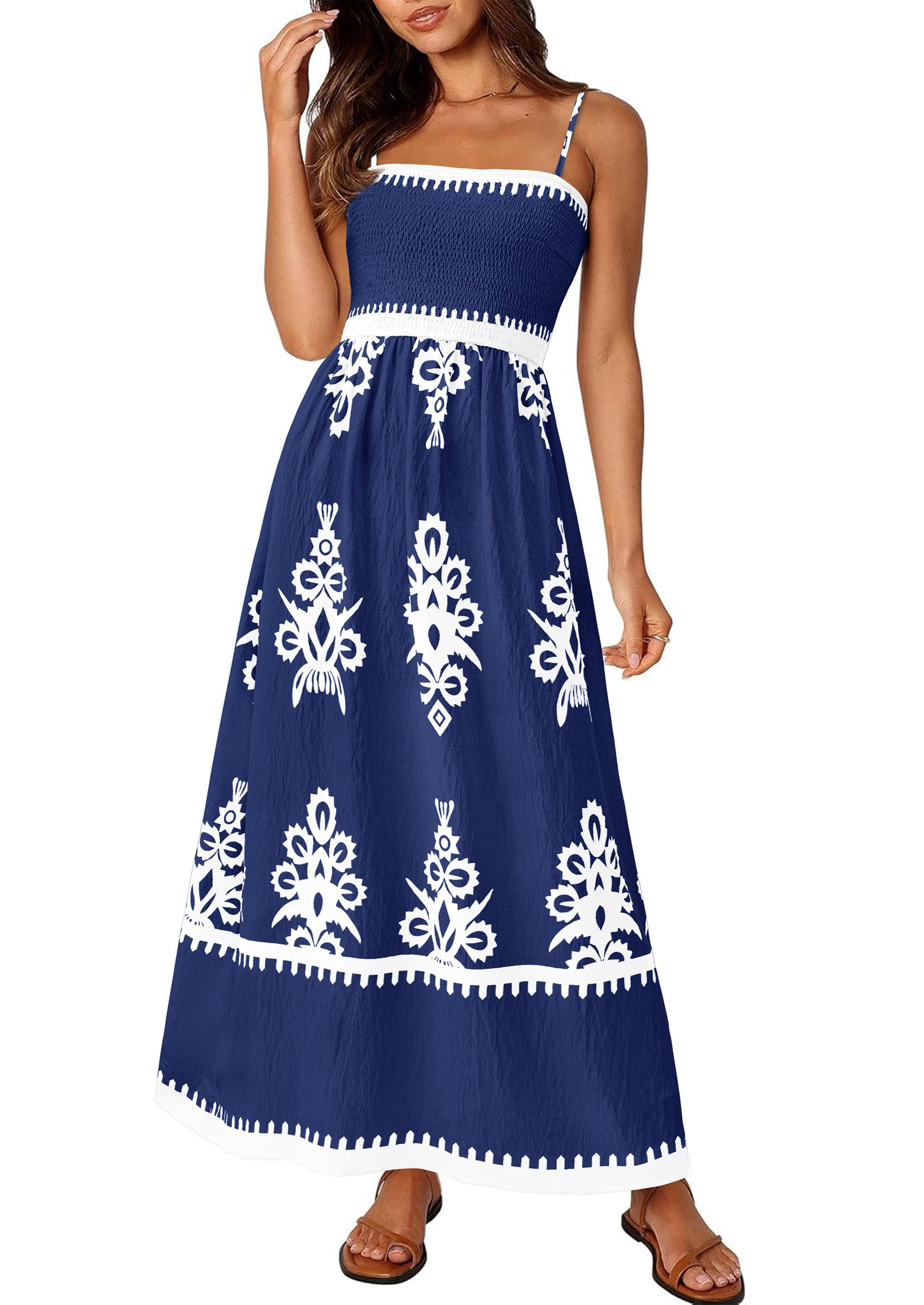 PRETTYGARDEN Summer Dress for Women Floral Sundress Spaghetti Strap Flowy Beach Vacation Boho Maxi Dresses