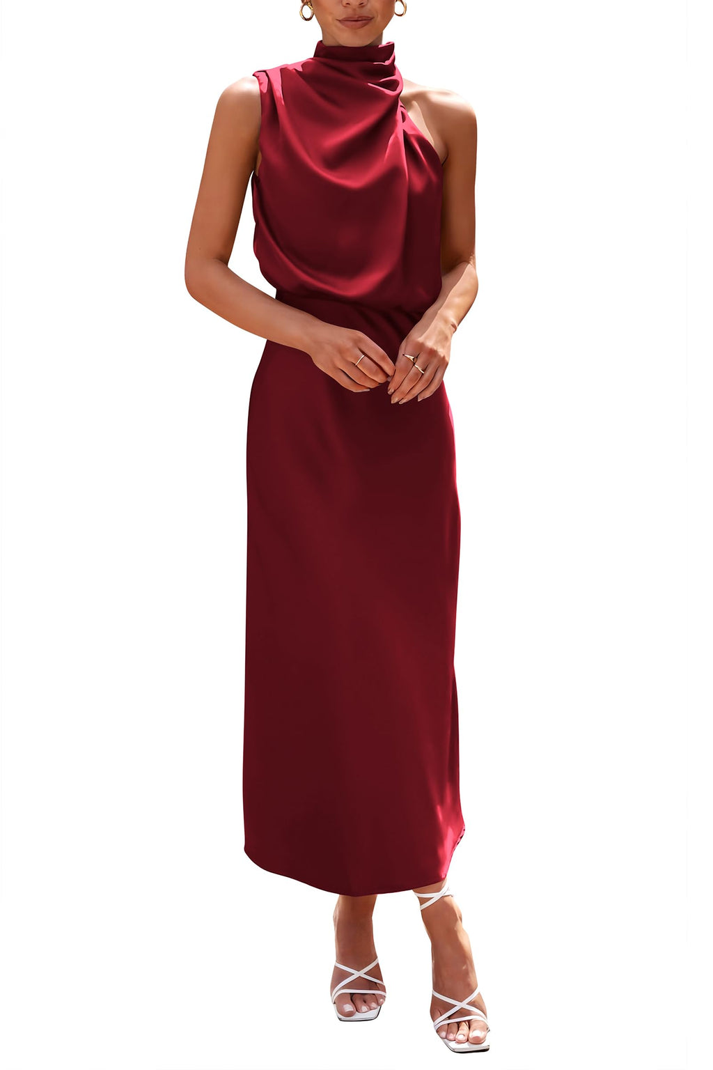 PRETTYGARDEN Women's Summer Satin Dress Elegant Sleeveless Mock Neck Cocktail Party Maxi Dresses