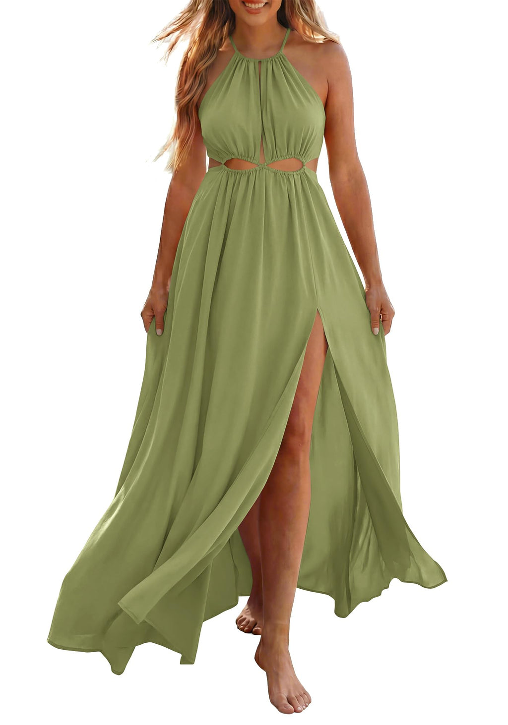 BTFBM Women Halter Summer Dresses Sleeveless Cutout Backless Sundress Slit Boho Maxi Beach Wedding Guest Dress