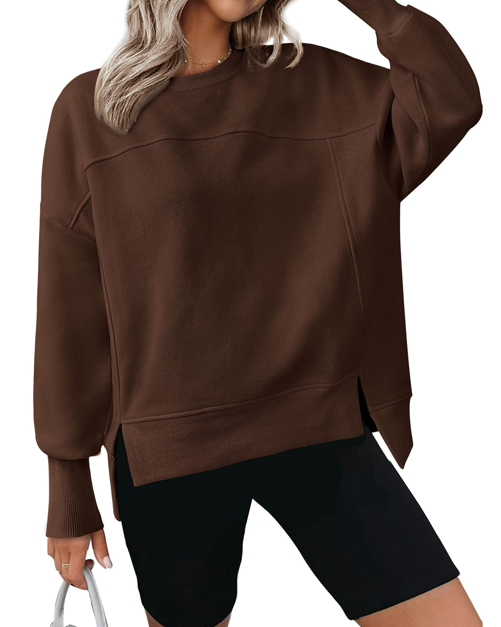 BTFBM Women's Casual Crewneck Sweatshirts Spring Long Sleeve Side Slit Workout Fleece Pullover Top Fashion Clothing