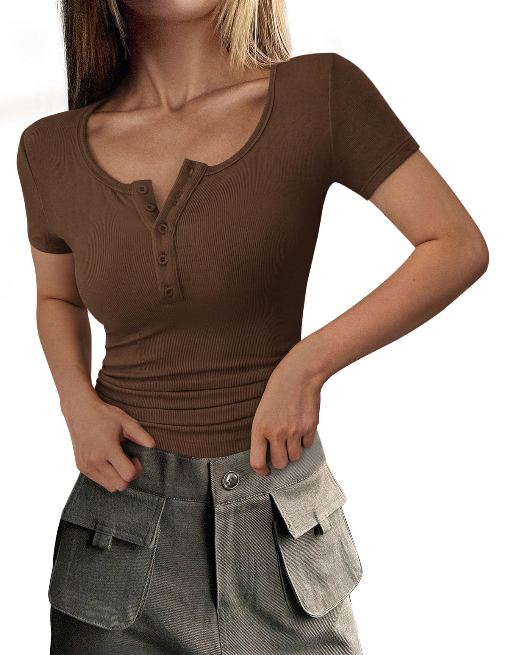 PRETTYGARDEN Women's  Fall Summer Short Sleeve Tops Ribbed Henley Button Slim Fit Basic Casual T Shirts Blouse Clothing