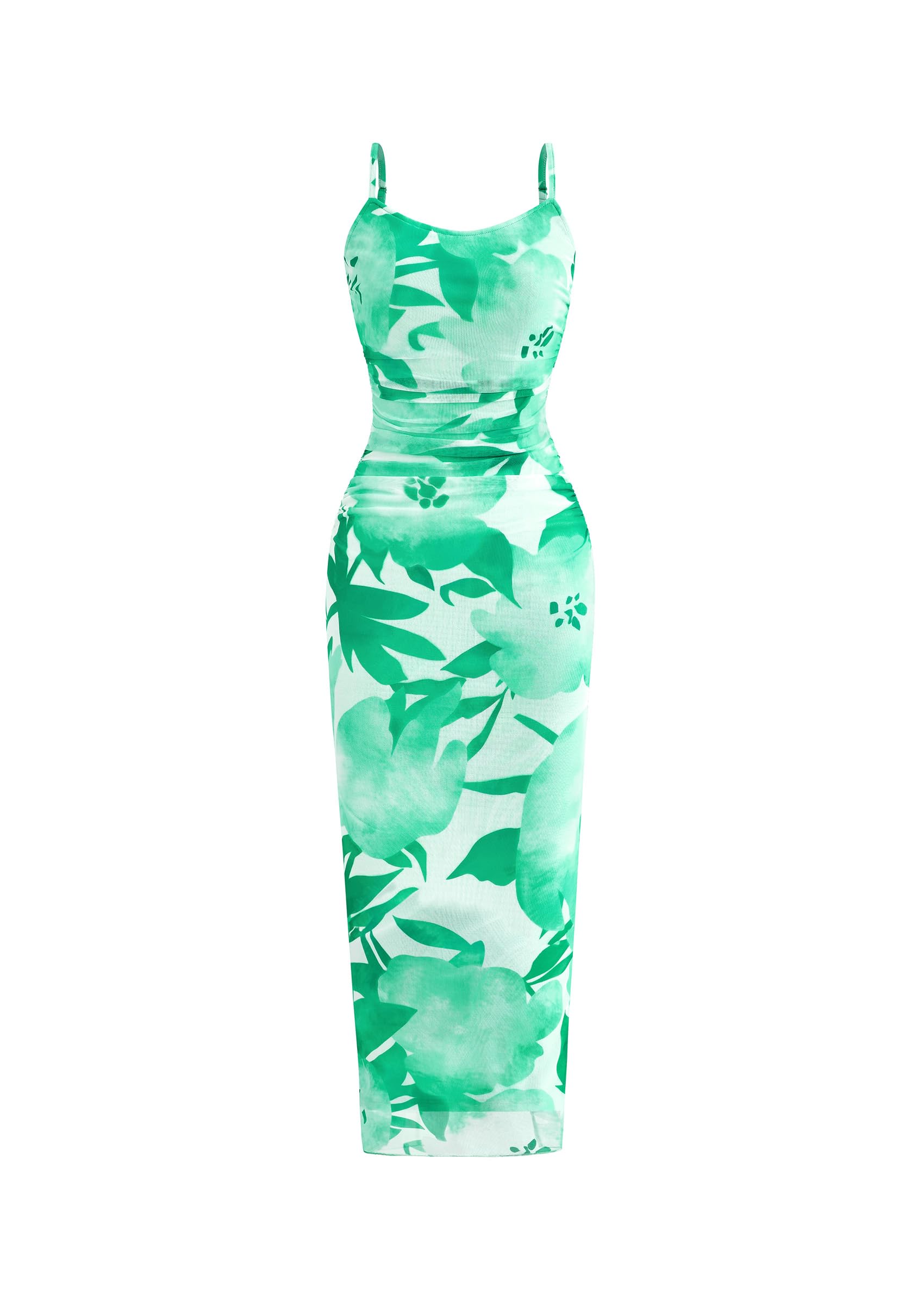 PRETTYGARDEN Summer Wedding Guest Dresses for Women Spaghetti Strap Mesh Bodycon Beach Vacation Floral Maxi Long Dresses