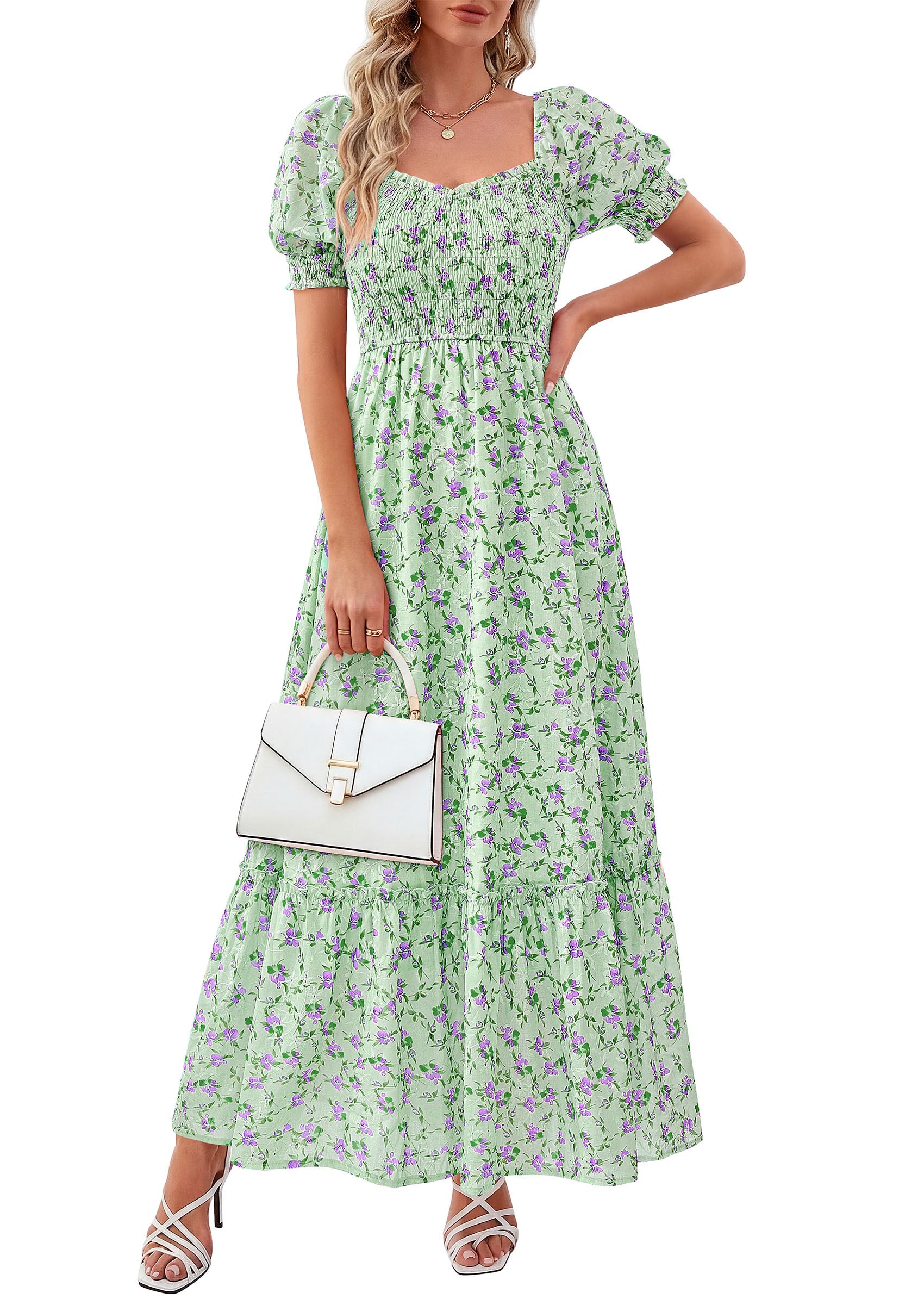 PRETTYGARDEN Women's Floral Boho Maxi Dresses Flowy Short Sleeve A Line Smocked Eyelet Summer Beach Vacation Clothes