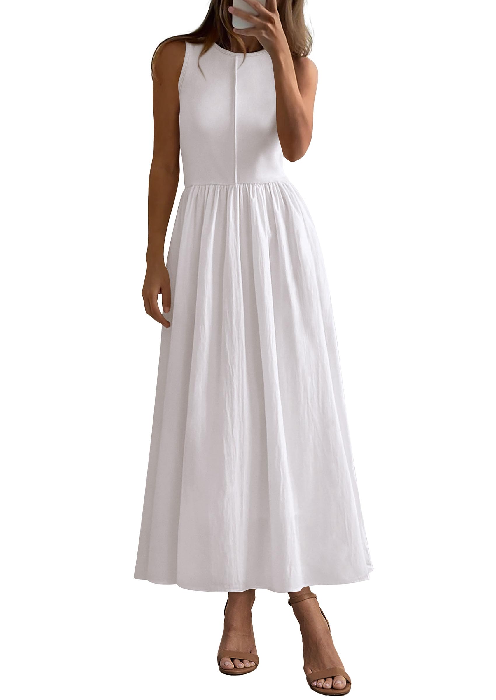 PRETTYGARDEN Maxi Dresses for Women Summer Casual Sleeveless Patchwork Flowy Vacation Sundress Knit Long Work Tank Dress