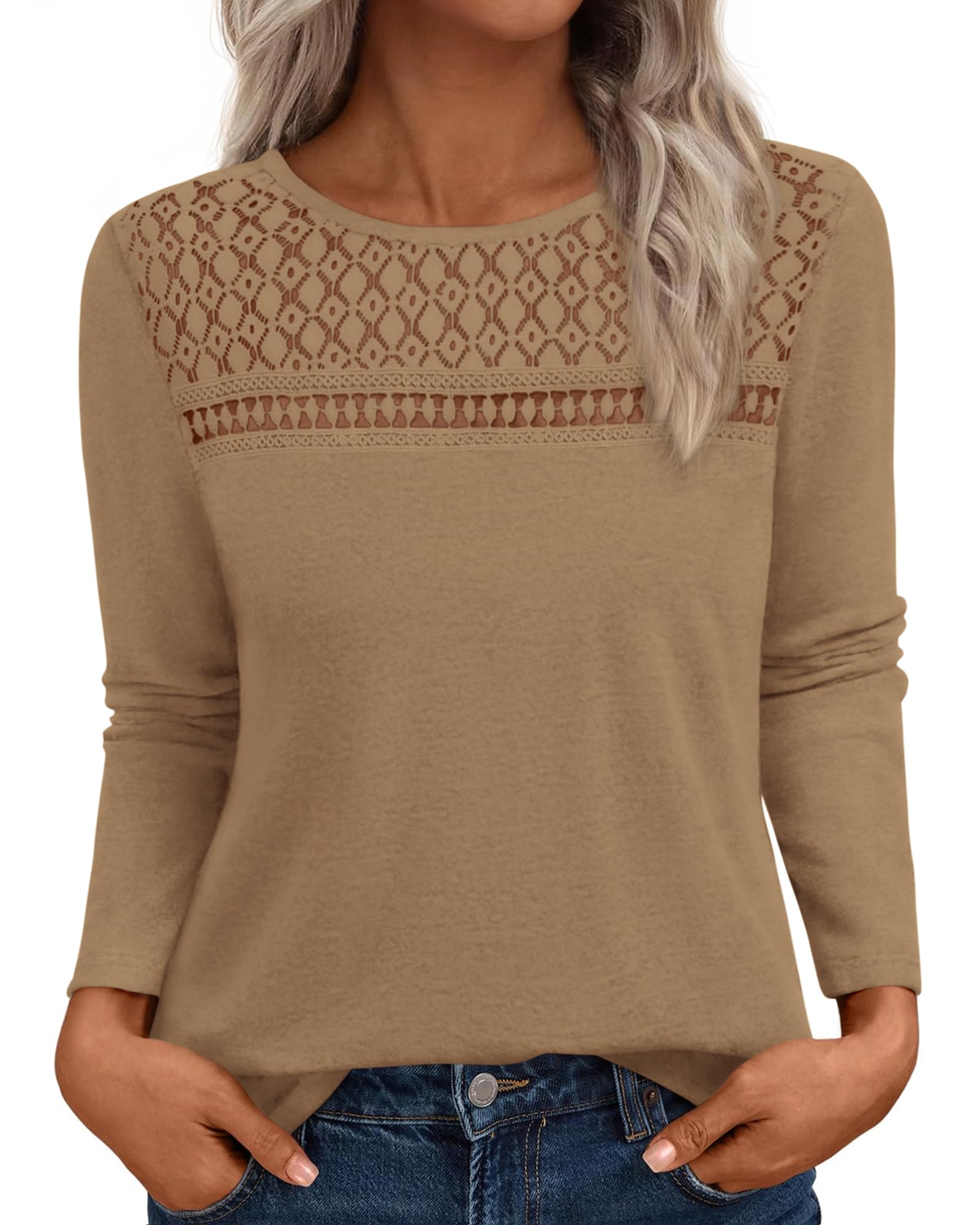 FreshPretty Lace Long Sleeve Shirts Womens Tops Dressy Casual Knit Boho Lightweight Blouses Winter Clothing Fall Fashion