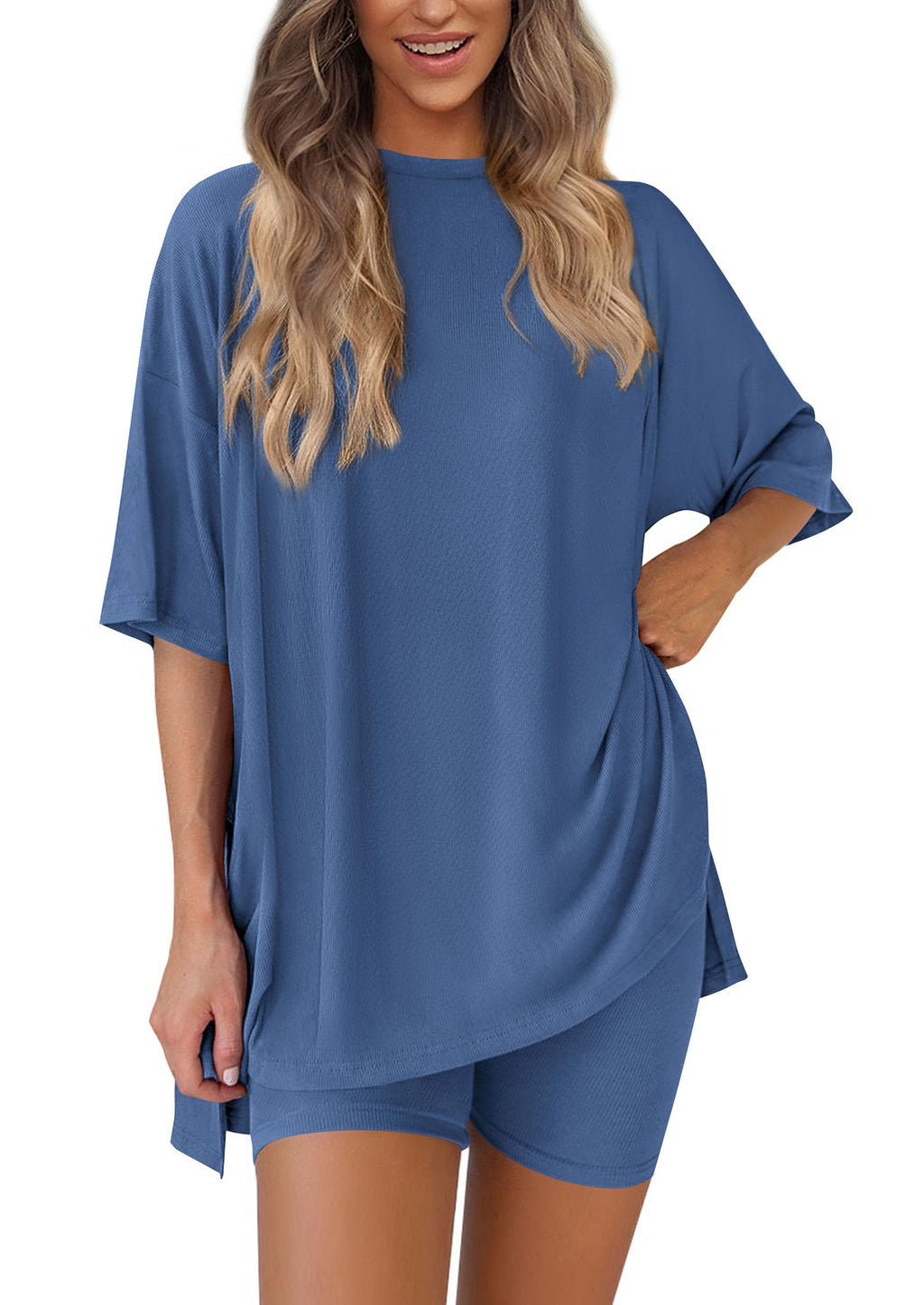 PRETTYGARDEN Women's Two Piece Lounge Set Summer Casual Oversized Shirts Biker Shorts Matching Airport Travel Outfit