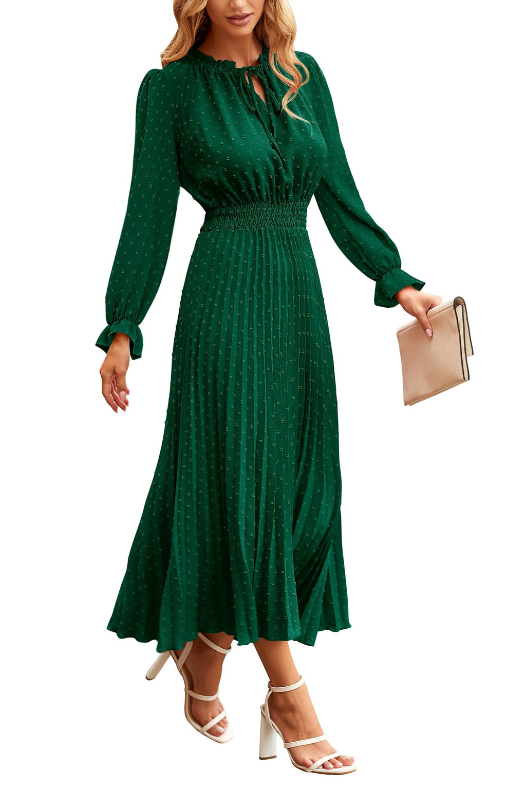 PRETTYGARDEN Women's Spring Fall Midi Dress Casual Long Sleeve V Neck Swiss Dot Pleated A Line Flowy Dresses