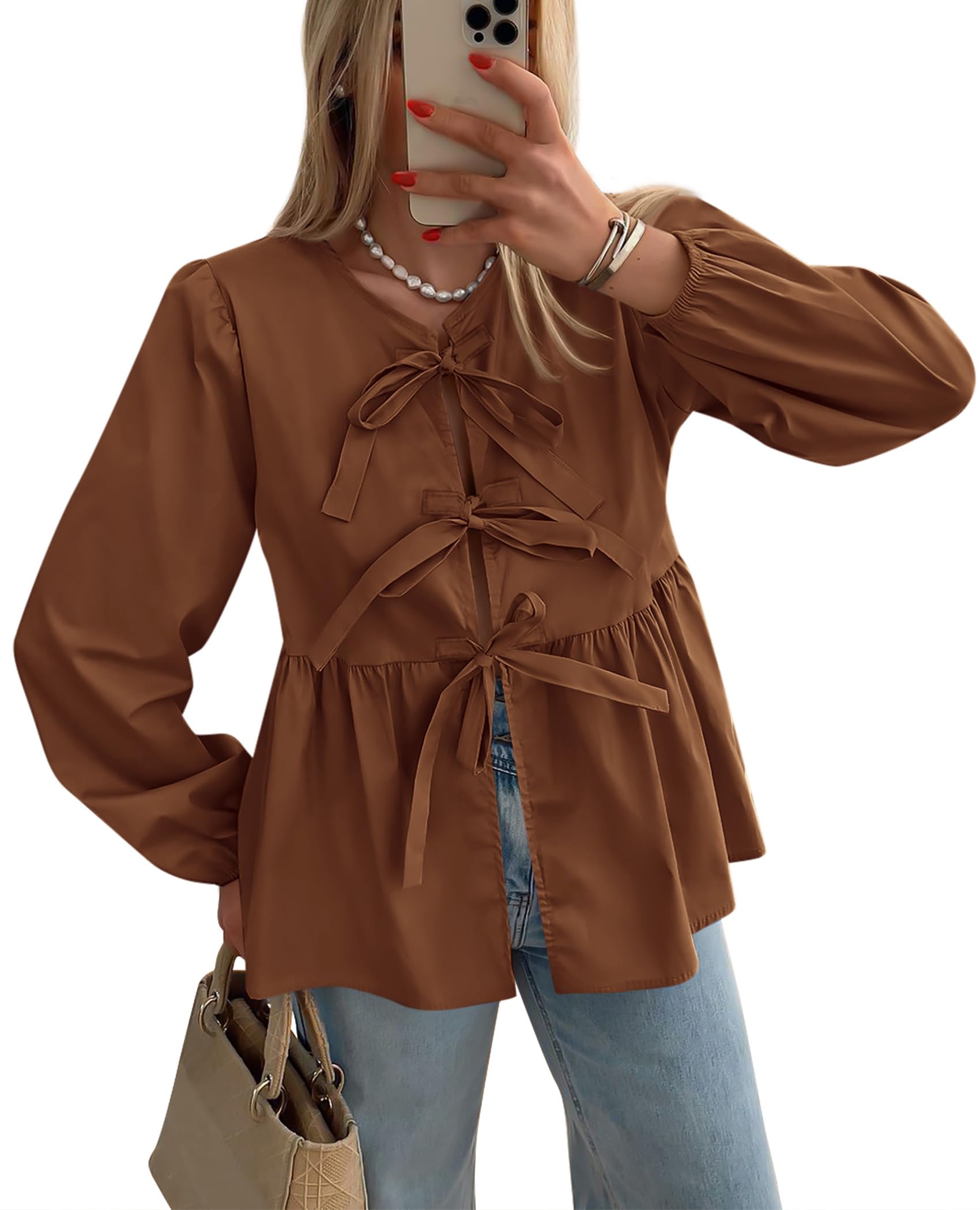 PRETTYGARDEN Women's Spring Fall Babydoll Peplum Blouse Shirt Puff Long Sleeve Bow Tie Front Trendy Cute Y2K Going Out Tops