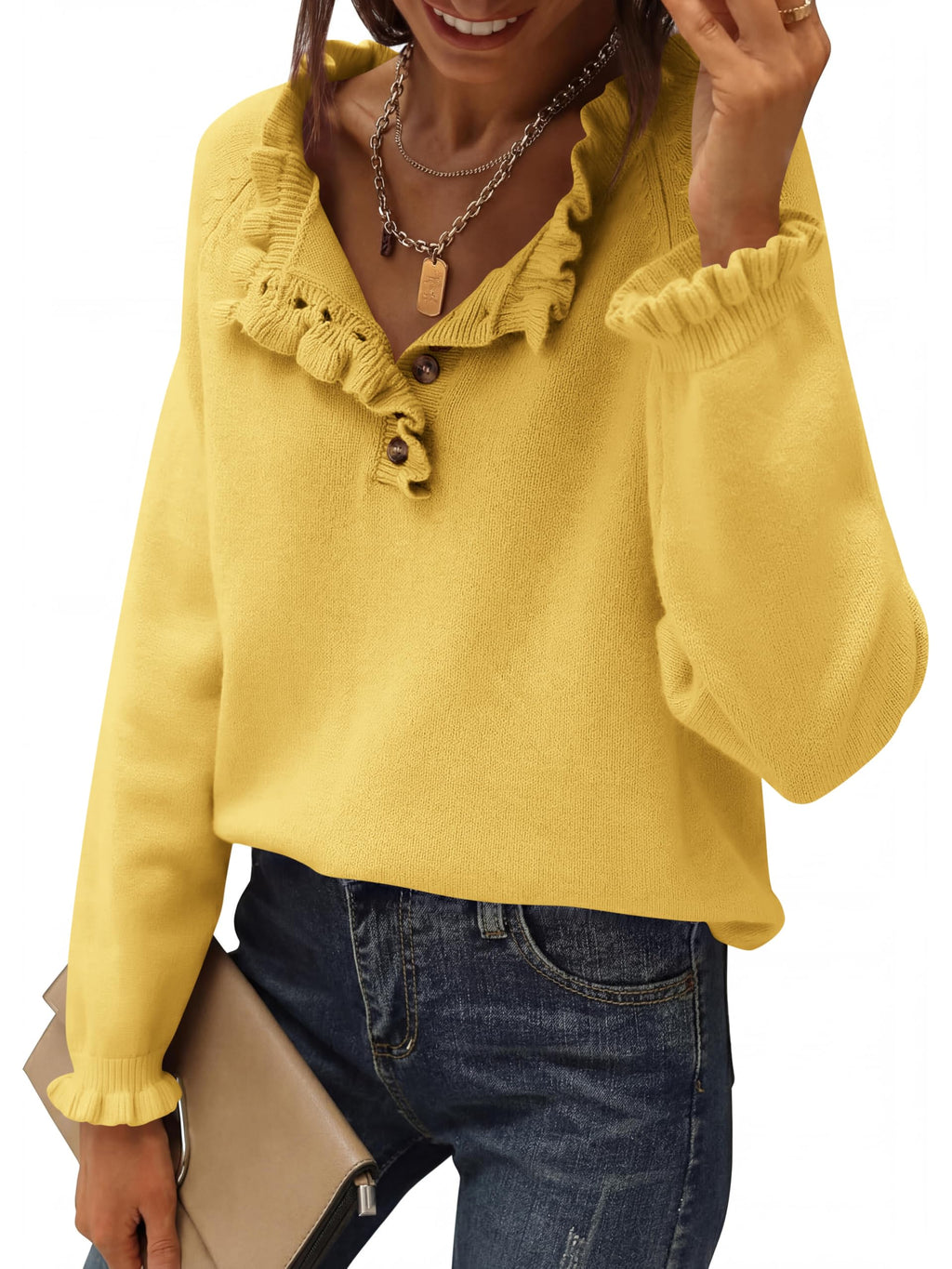 BTFBM Womens Sweaters Fall Winter Clothes Long Sleeve Button Down Ruffle Crew Neck Casual Knitted Pullover Tops