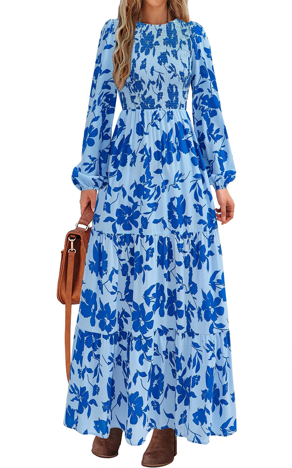 PRETTYGARDEN Women's Fall Dresses Long Sleeve Flowy Casual Floral Maxi Dress Crew Neck Smocked Tiered Long Dress