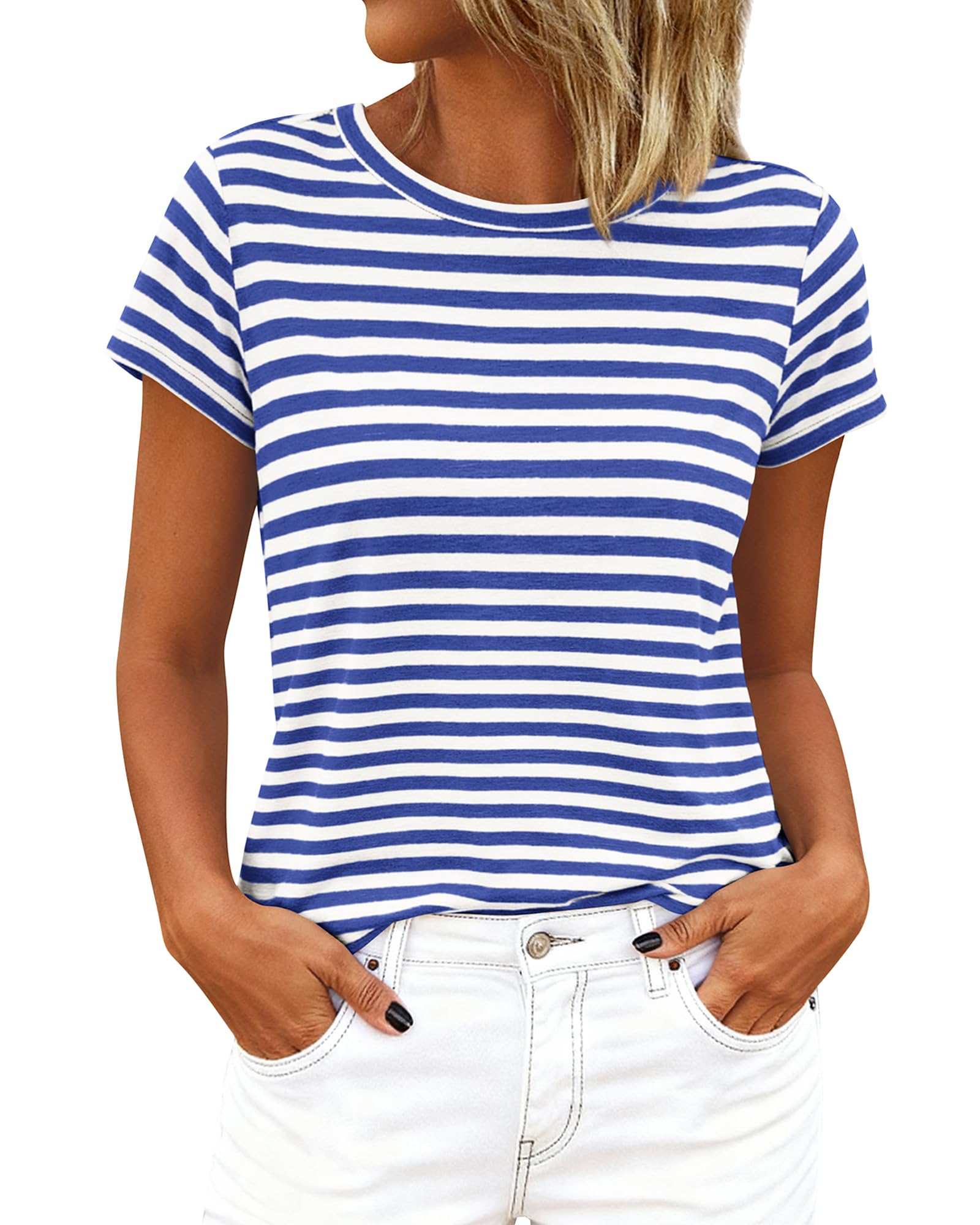 BTFBM Tops for Women Trendy Summer Crew Neck Short Sleeve T Shirts Striped Casual Vacation Blouse Basic Tee