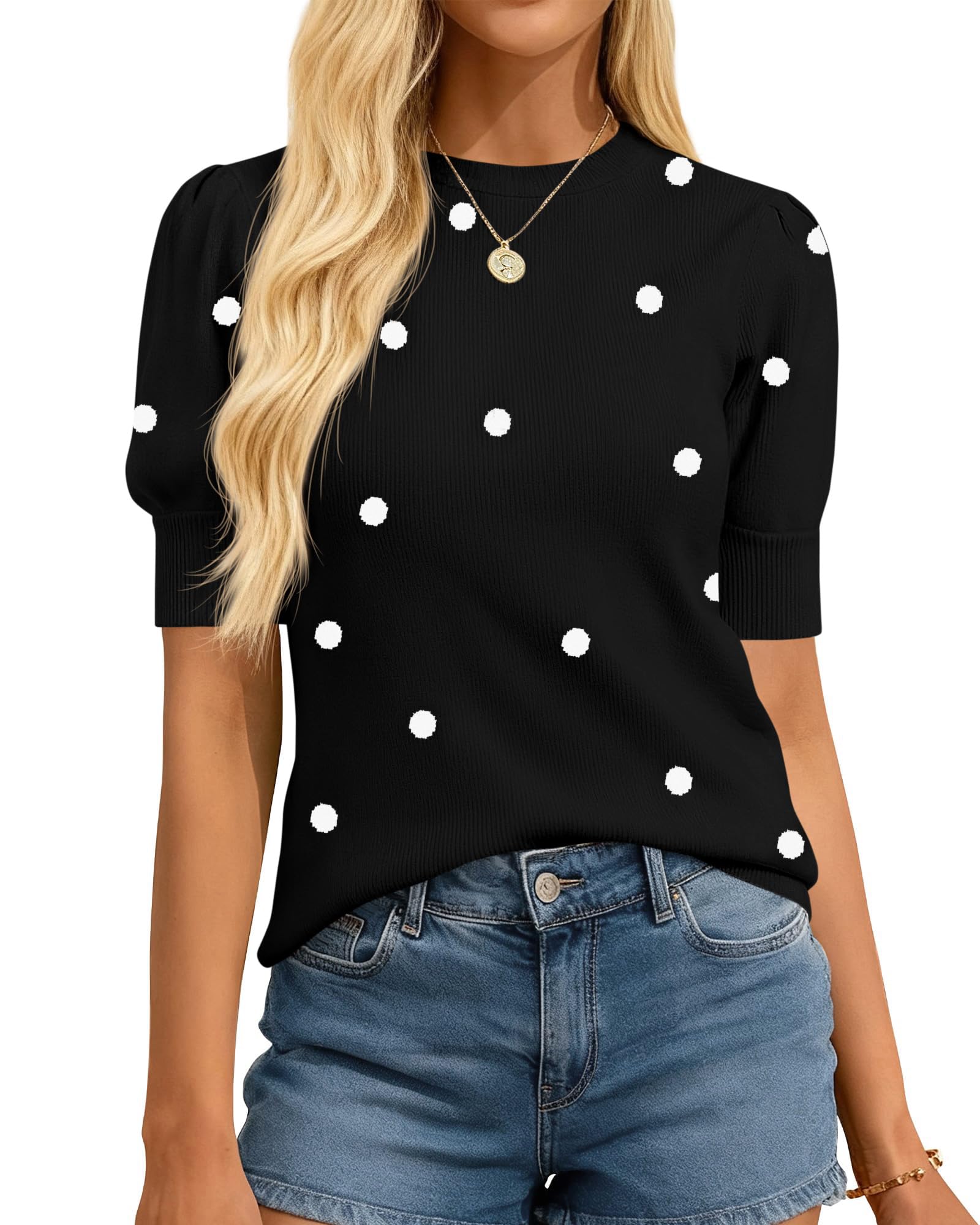 BTFBM Womens Sweaters Polka Dot Short Sleeve Sweater for Women Crew Neck Knit Summer Tops Business Dressy Casual Blouses