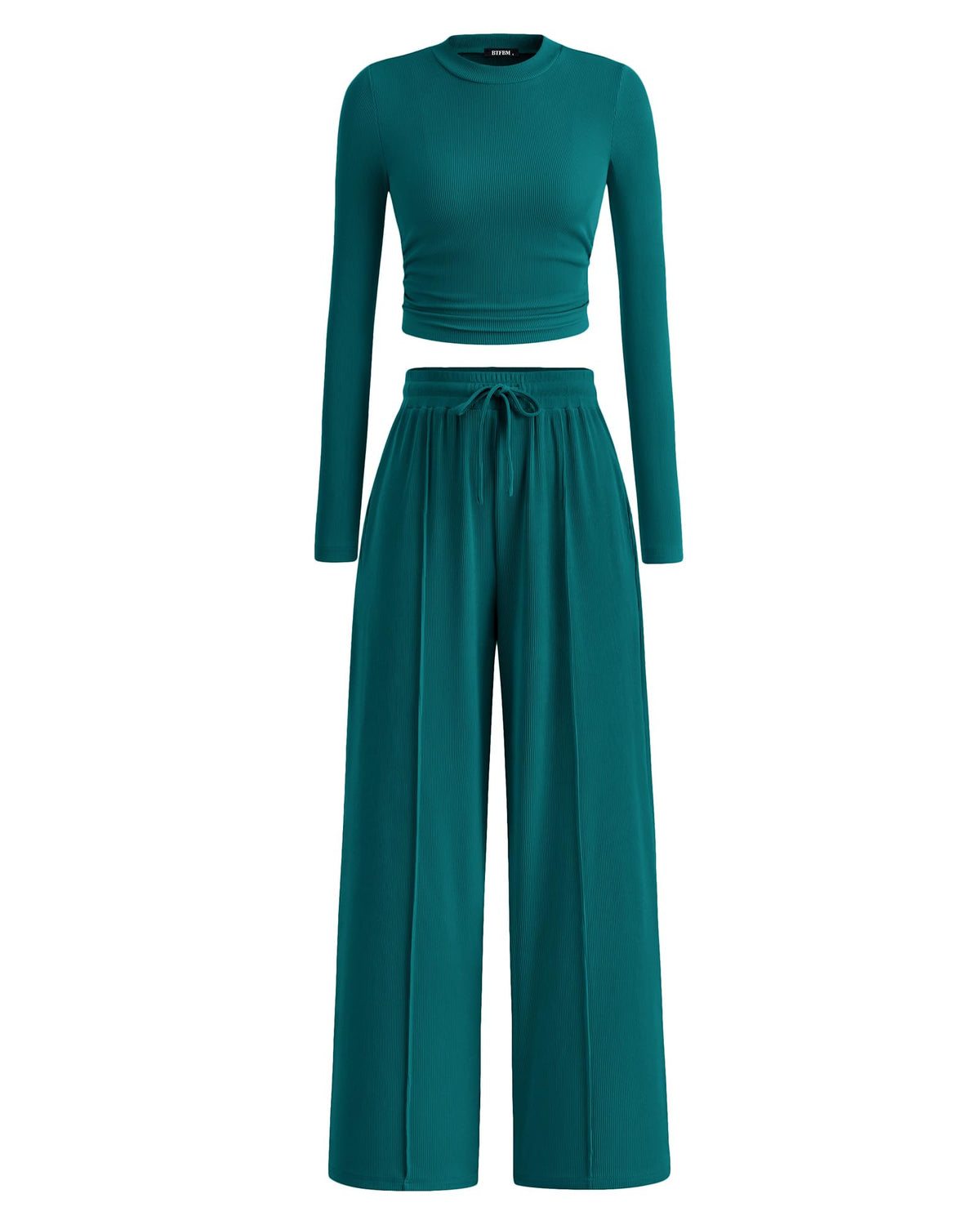 BTFBM Casual 2 Piece Sets For Women Fall Outfits Ribbed Spring Long Sleeve Crop Top Wide Leg Pants Matching Lounge Set