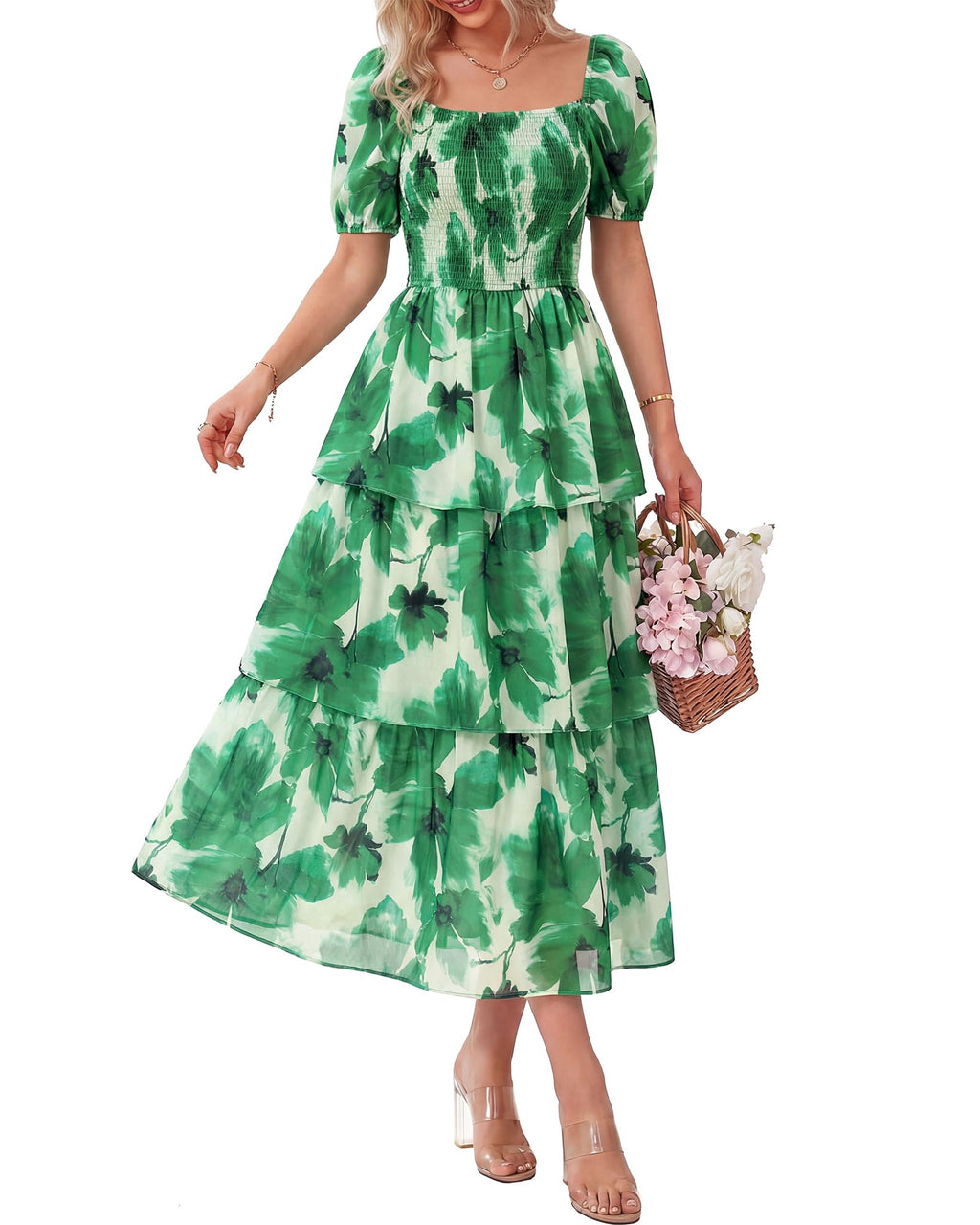 BTFBM Womens Square Neck Smocked Dress Summer Puff Short Sleeve Floral Casual Ruffle Tiered Maxi Wedding Guest Dresses