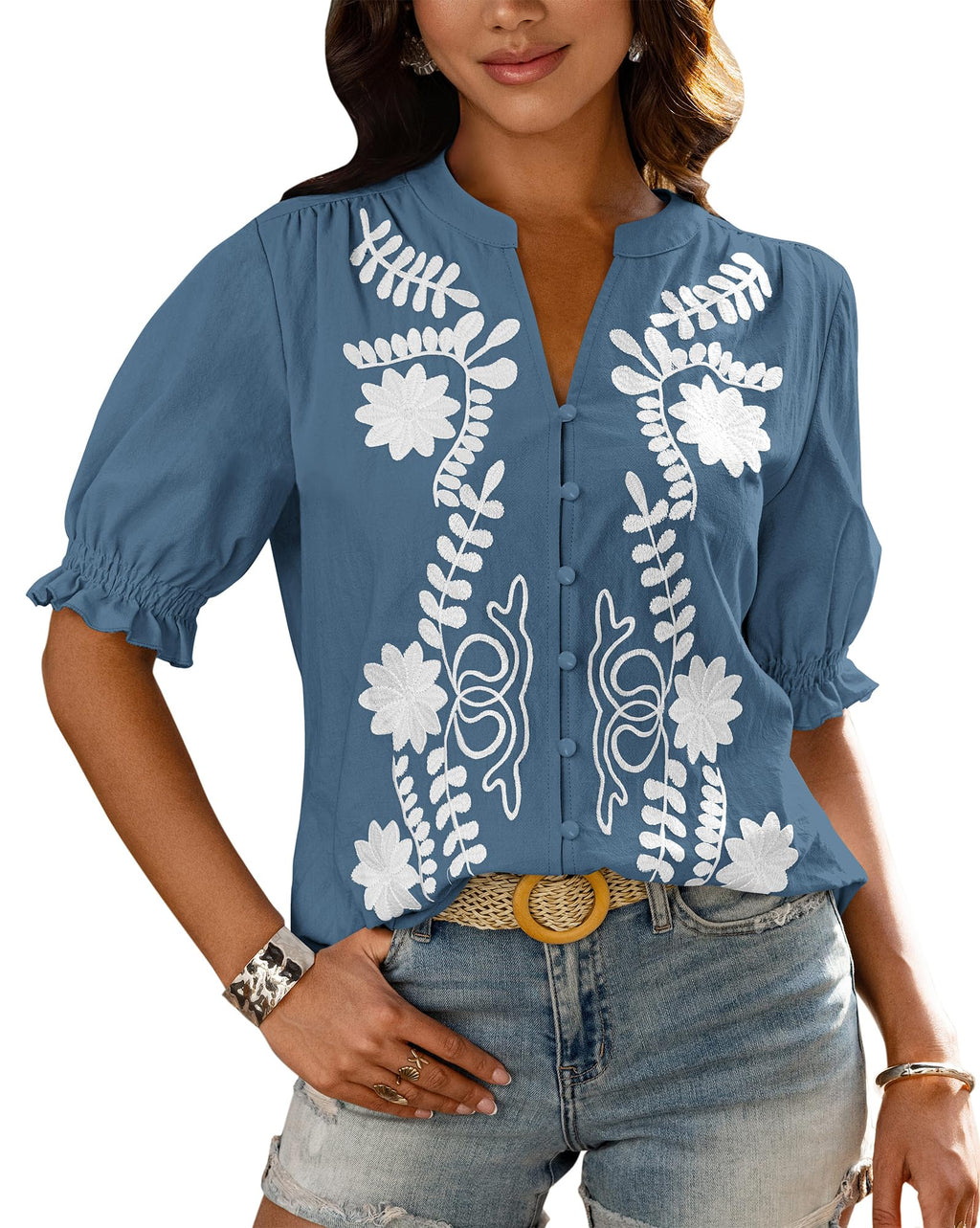 BTFBM Women's Spring Tops Casual Floral Boho V Neck Puff Short Sleeve Button Down Shirts Embroidered Blouses Tunic