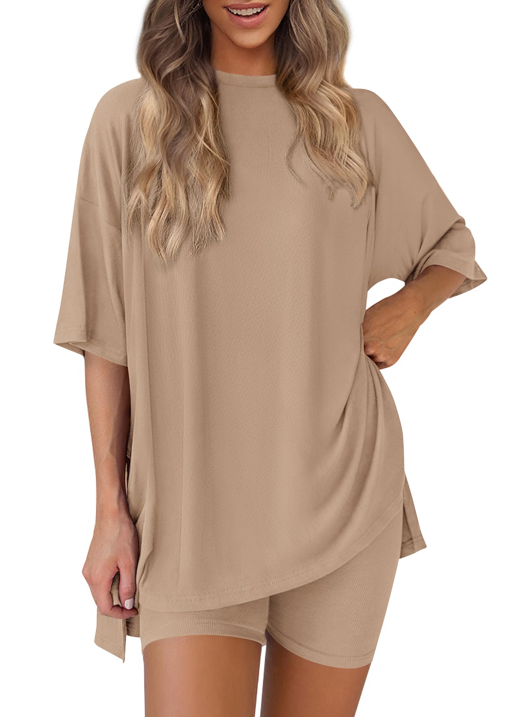 PRETTYGARDEN Women's Two Piece Lounge Set Summer Casual Oversized Shirts Biker Shorts Matching Airport Travel Outfit