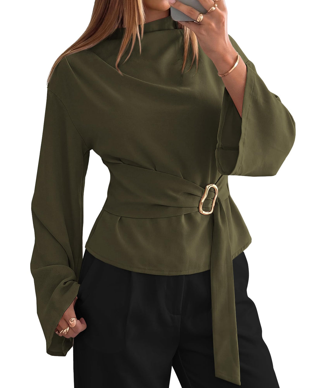 BTFBM Women Business Casual Blouses Bell Long Sleeve Tie Waist Top Mock Neck Back Zipper Shirt, Elegant Dressy Buckle Tunic, Going Out Tops, Work Office Shirts, Early Fall Fashion