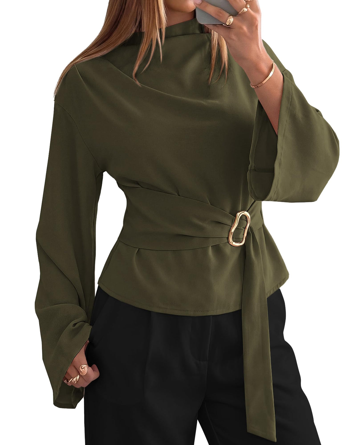 BTFBM Women Business Casual Blouses Bell Long Sleeve Tie Waist Top Mock Neck Back Zipper Shirt, Elegant Dressy Buckle Tunic, Going Out Tops, Work Office Shirts, Early Fall Fashion