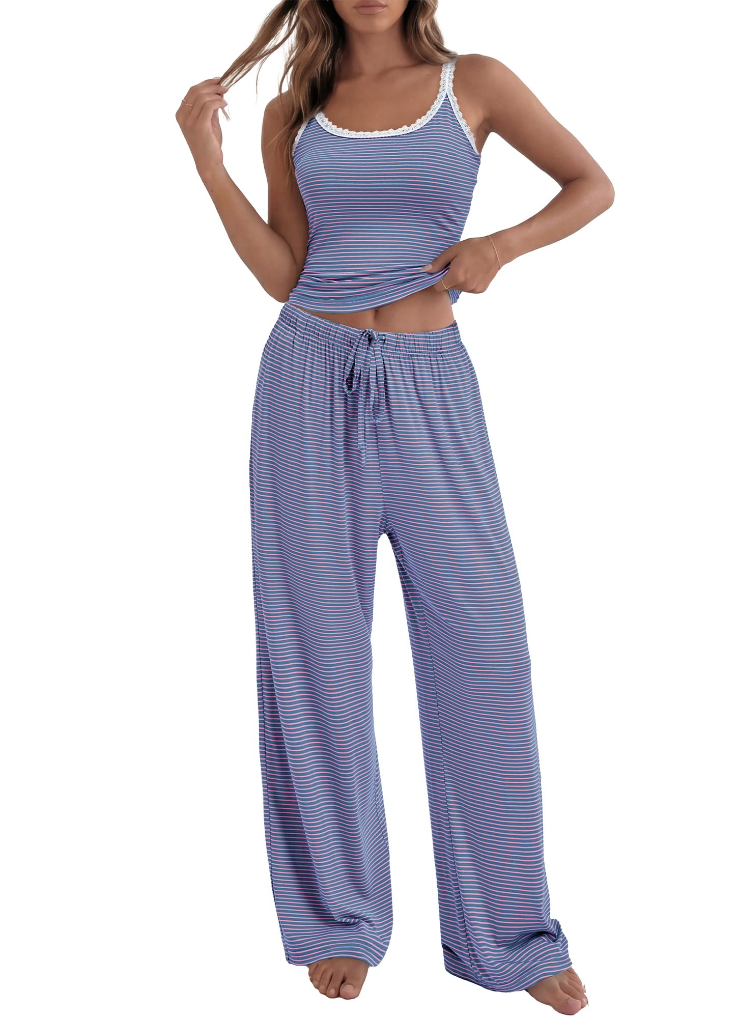 BTFBM Lounge Sets For Women Striped 2 Piece Pajama Sets Spaghetti Strap Tops Wide Leg Pants Beach Vacation Outfits
