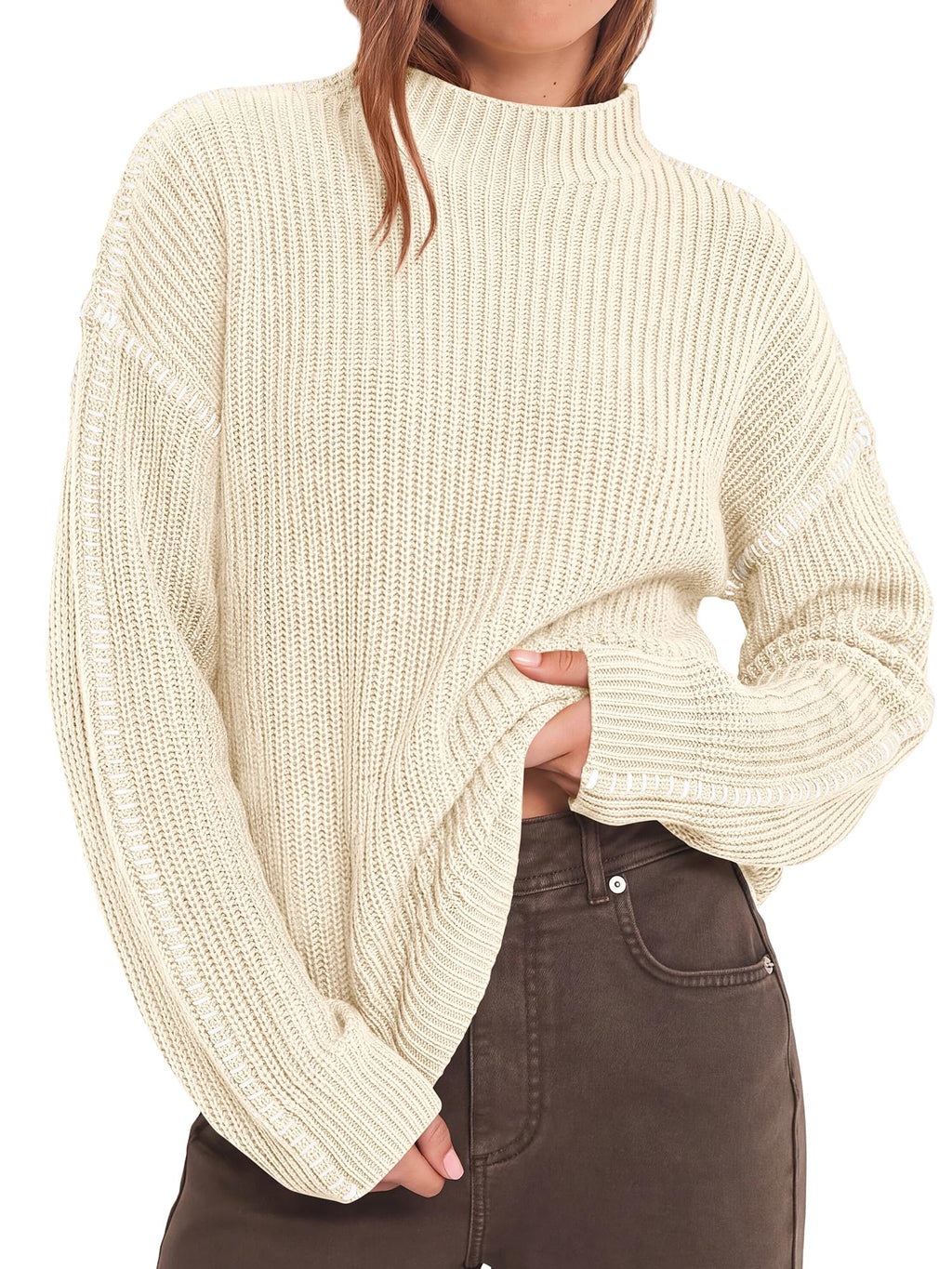 "BTFBM Womens Oversized Sweaters Contrast Chunky Knit Sweater Loose Fit Mock Neck Long Sleeve Tops, Soft Cozy Knitwear, Fall Fashion 2026, Casual Winter Clothing, Daily Going Out Outfits"