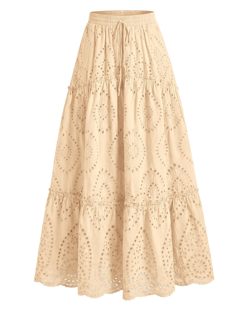 BTFBM Long Skirts for Women Summer Boho Lace Embroidery High Waist Flowy Tiered Spring Maxi Skirt Beach Vacation